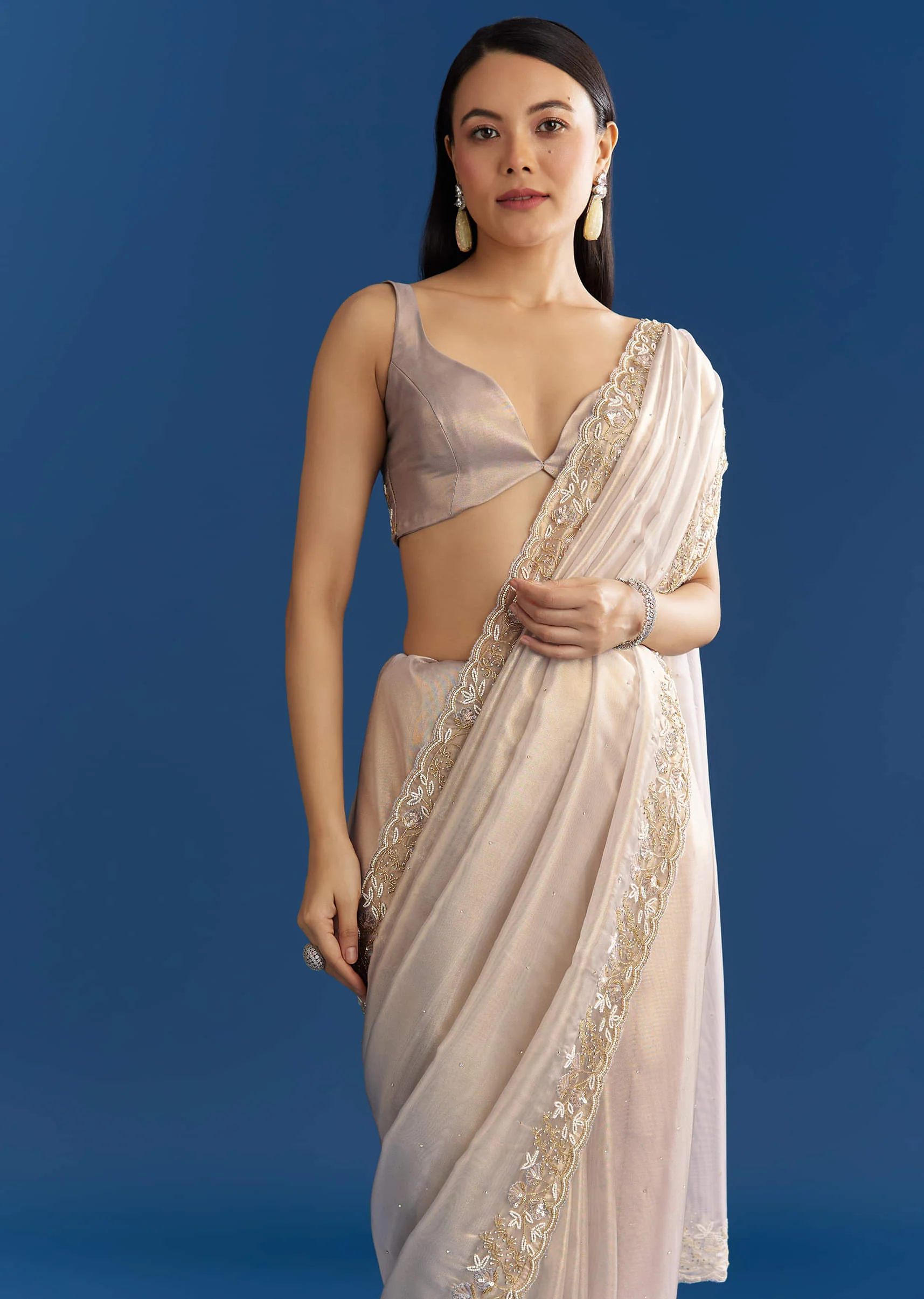 Cloud Grey Organza Tissue Saree With Embellished Border - Image 2