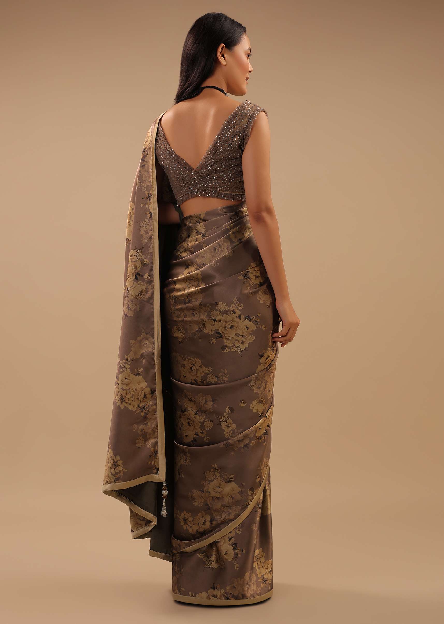 Coffee Brown Satin Saree With Floral Print And Blouse With Stone Work - Image 2