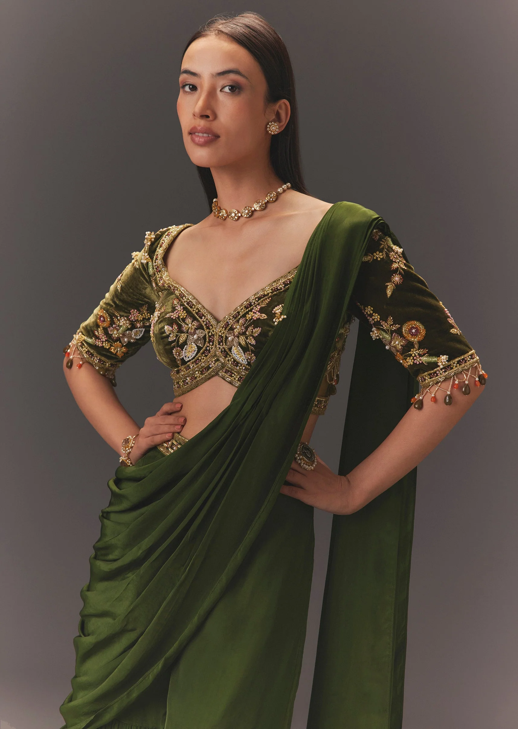 Coordinated Festive Couple Set – Seaweed Green Hand-Embroidered Draped Pallu Sharara for Her And Green Cotton Kurta Set with Embroidered Pocket & Collar for Him - Image 2