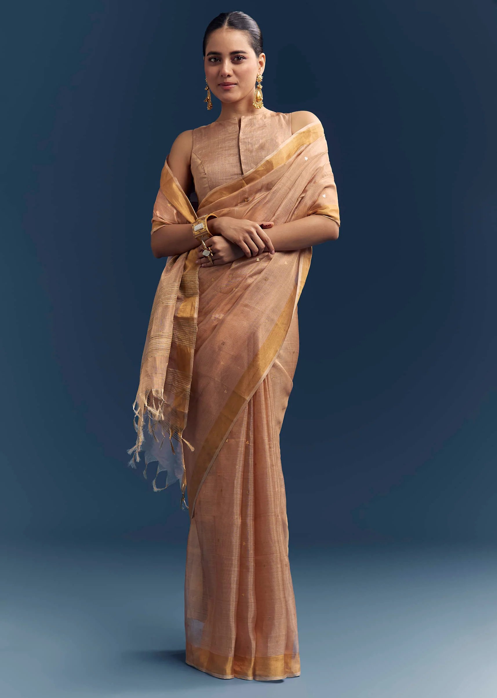 Copper Tissue Organza Woven Saree With Golden Zari Work - Image 3