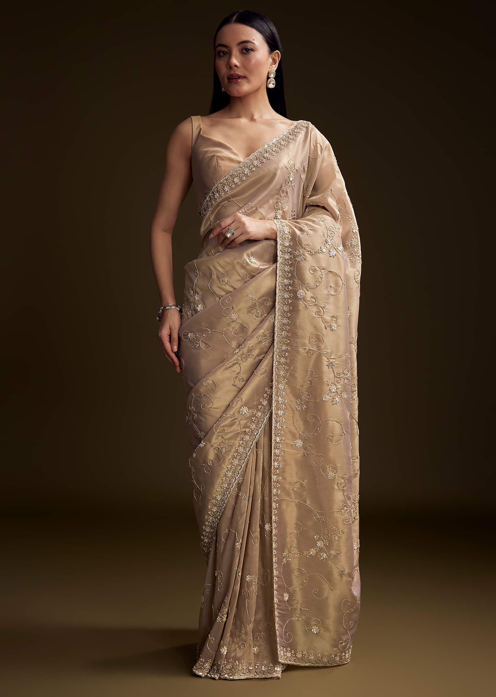 Copper Tissue Saree With Heavy Floral Hand Embroidery - Image 10