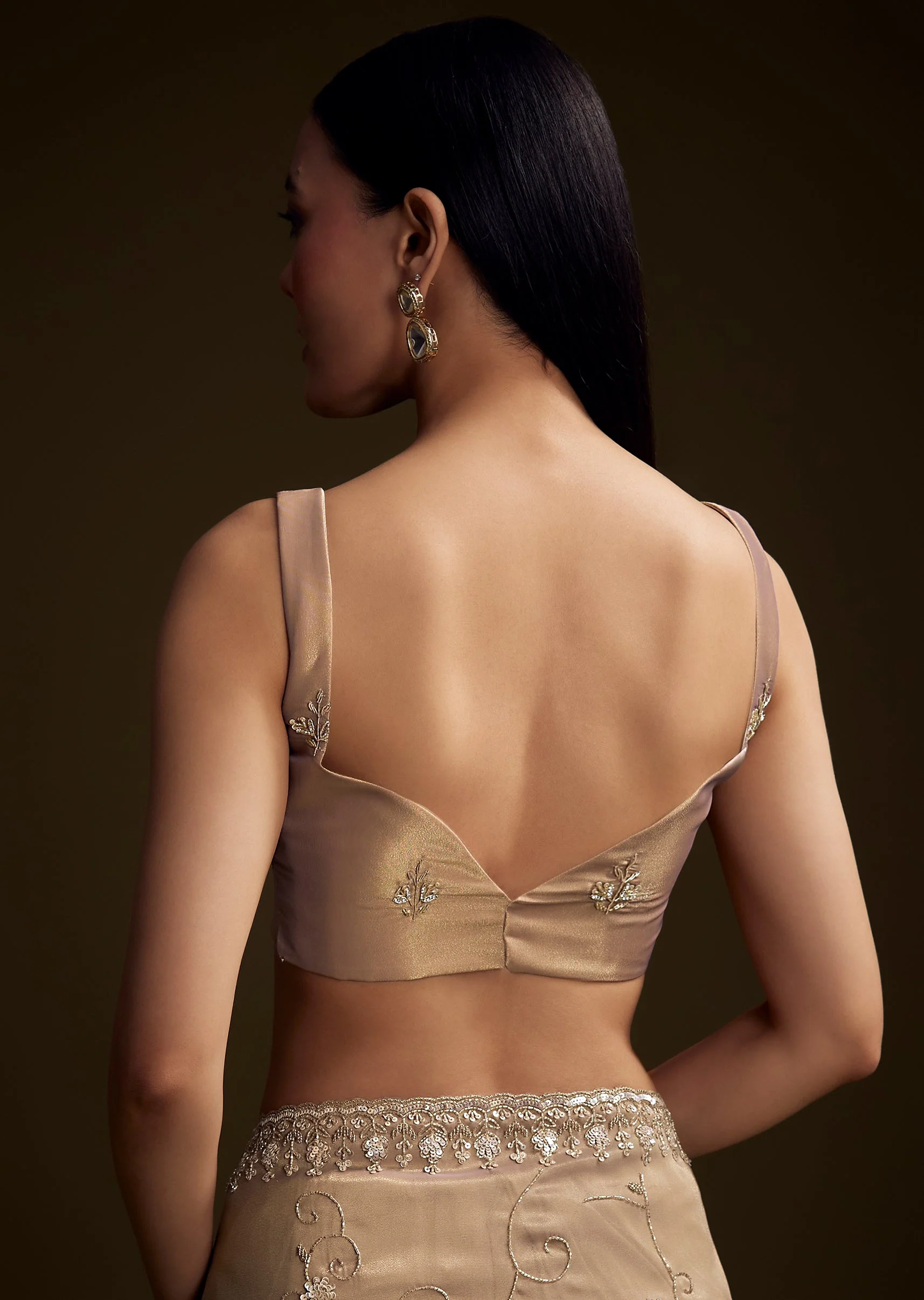 Copper Tissue Saree With Heavy Floral Hand Embroidery - Image 8