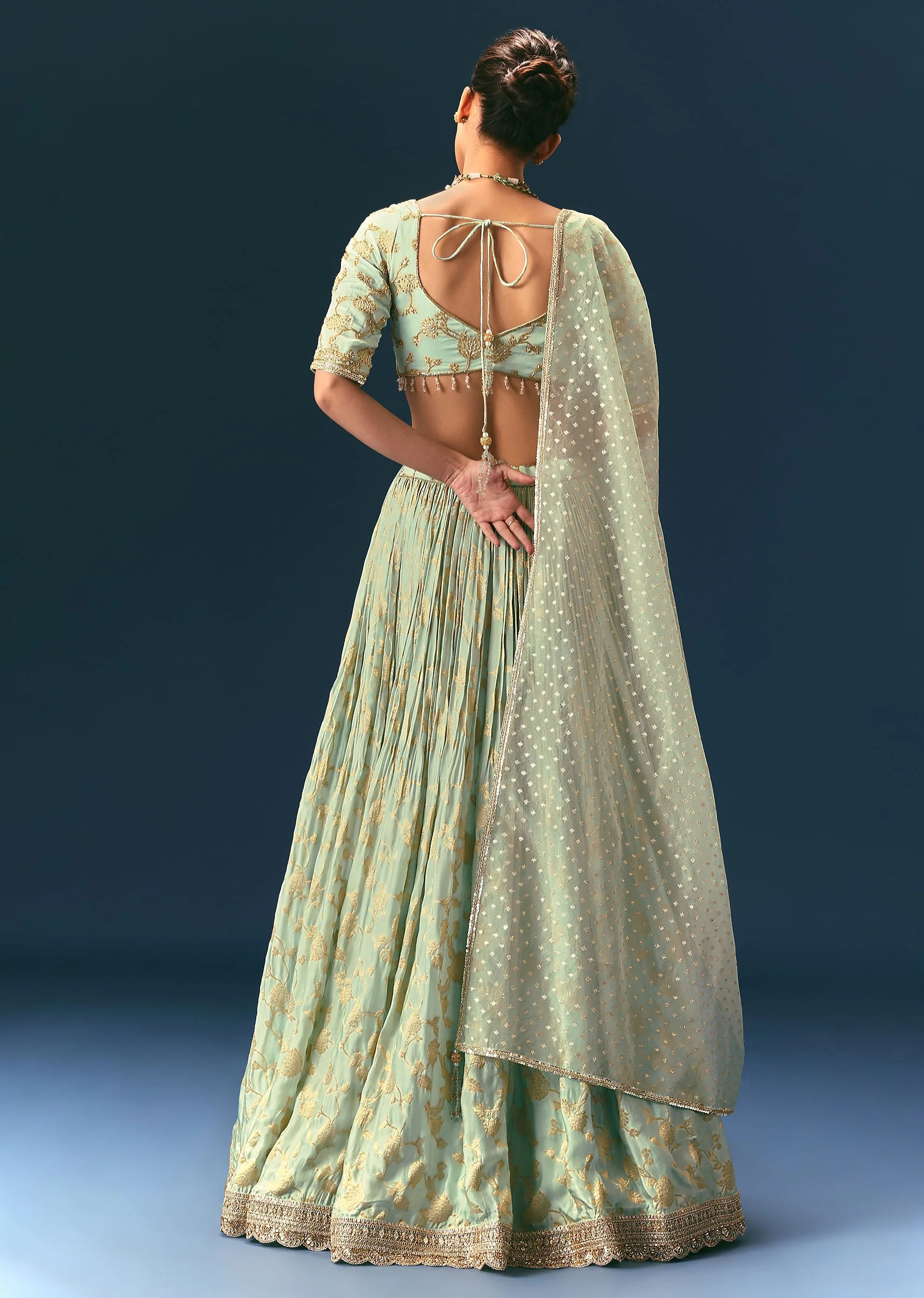 Coral Green Hand Embellished Lehenga Set In Organza Satin - Image 5