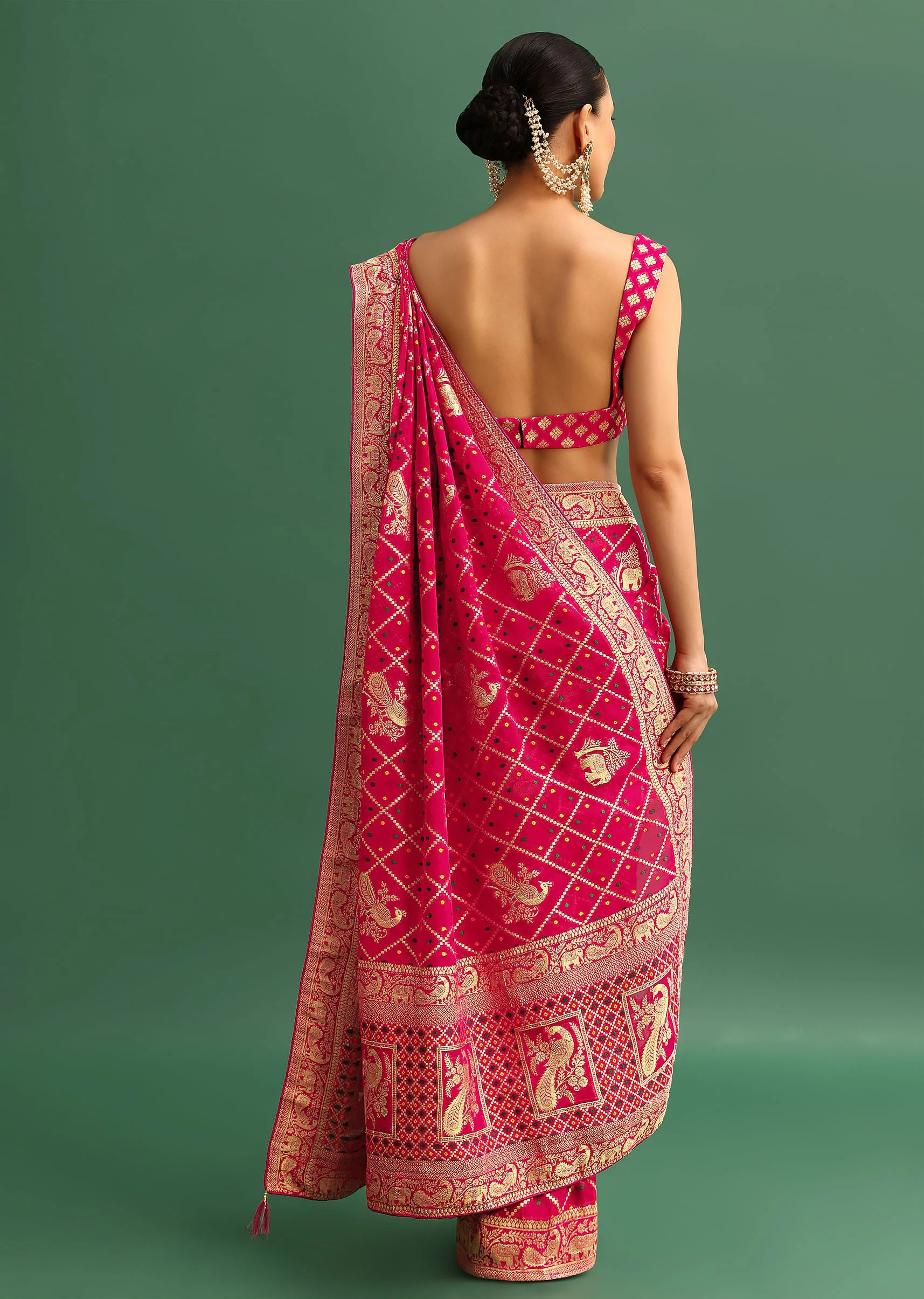 Coral Khaddi Georgette Saree With Zari Jaal Bandhani Weave And Unstitched Blouse - Image 6