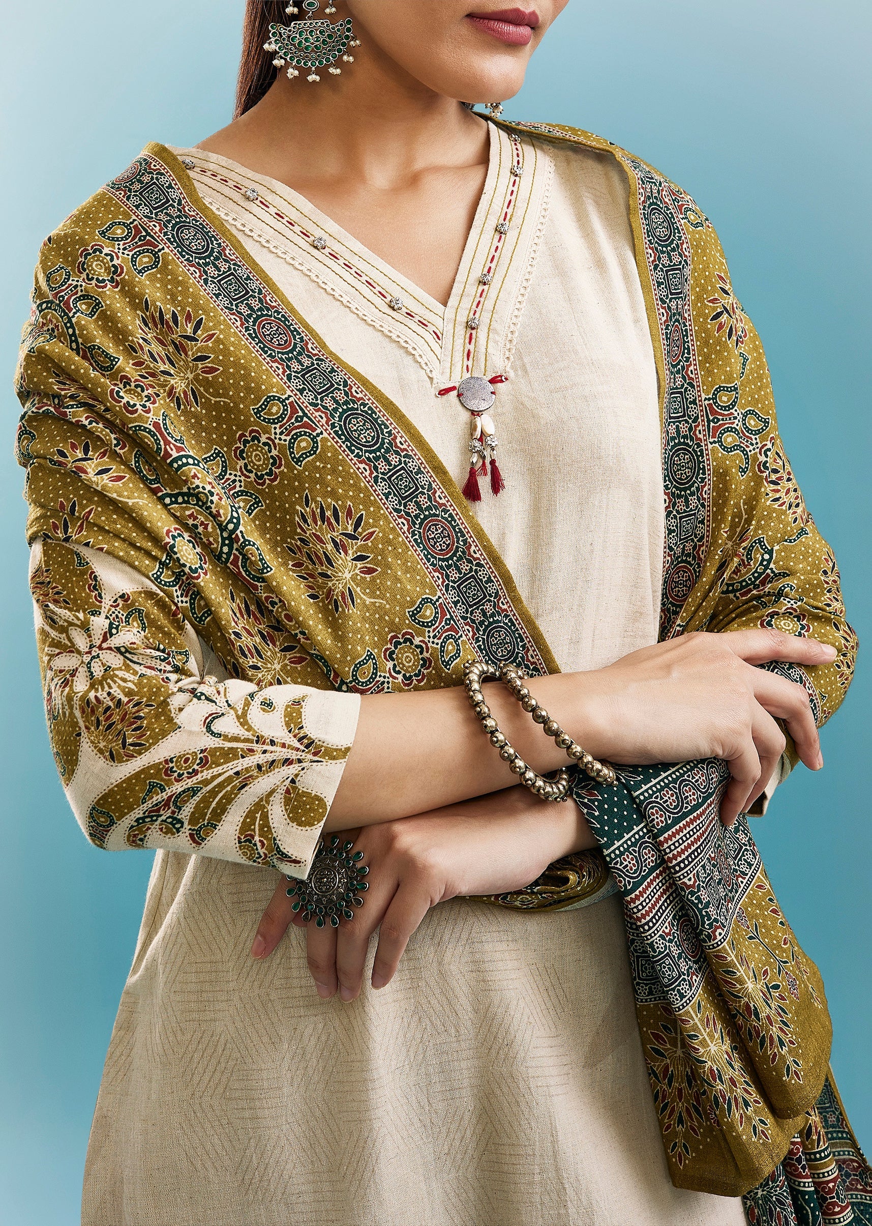 Cream And Mustard Block Print Kurta Set - Image 2