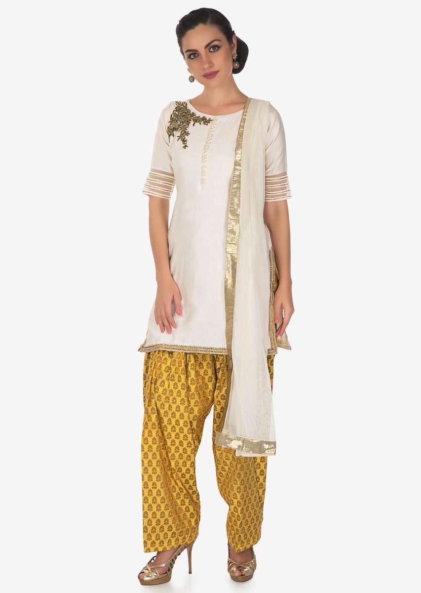 Cream And Yellow Salwar Suit Embellished In Zardosi And Cut Dana Butti Online - Kalki Fashion - Image 2