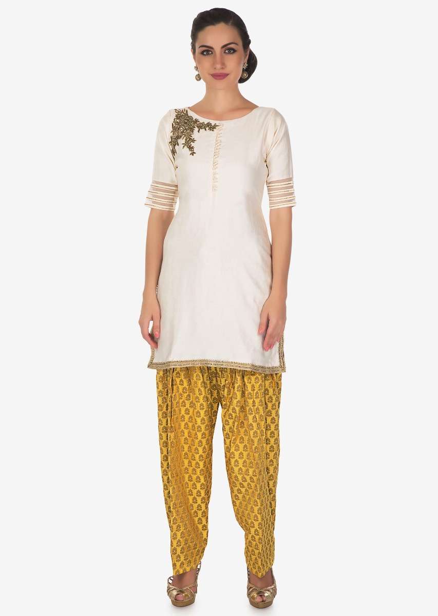 Cream And Yellow Salwar Suit Embellished In Zardosi And Cut Dana Butti Online - Kalki Fashion - Image 3
