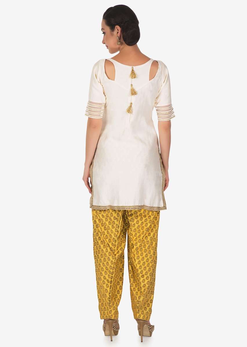 Cream And Yellow Salwar Suit Embellished In Zardosi And Cut Dana Butti Online - Kalki Fashion - Image 4