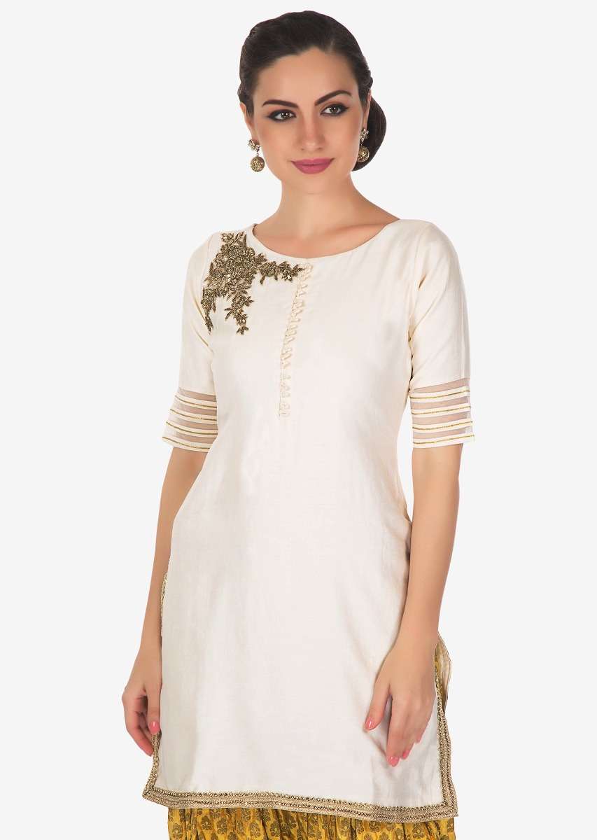 Cream And Yellow Salwar Suit Embellished In Zardosi And Cut Dana Butti Online - Kalki Fashion - Image 5
