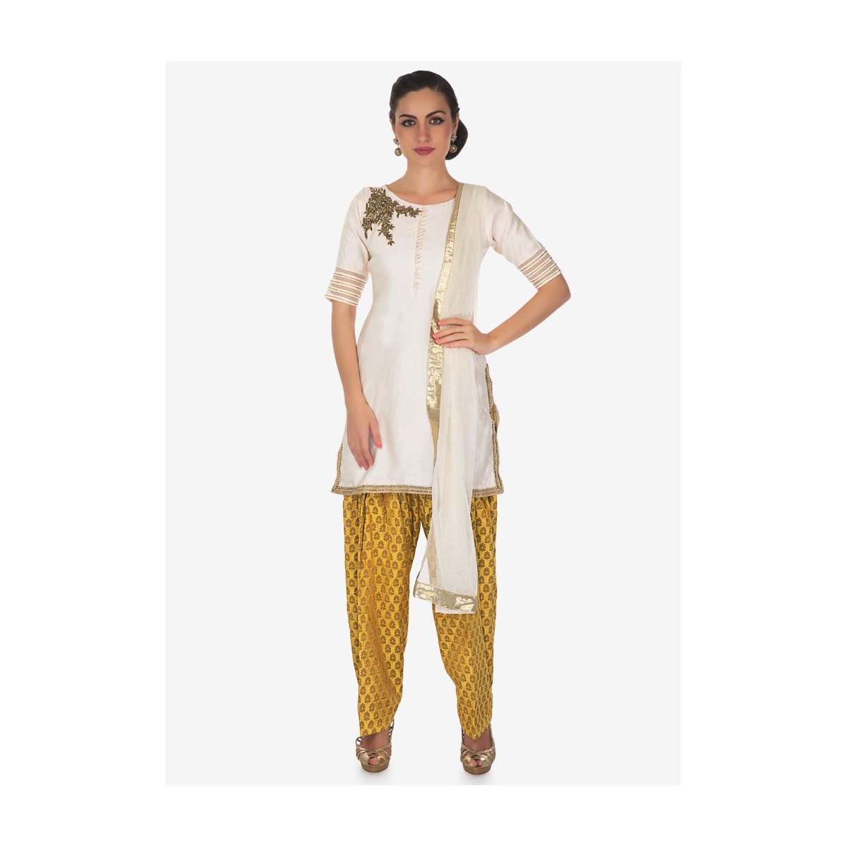 Cream And Yellow Salwar Suit Embellished In Zardosi And Cut Dana Butti Online - Kalki Fashion - Image 6