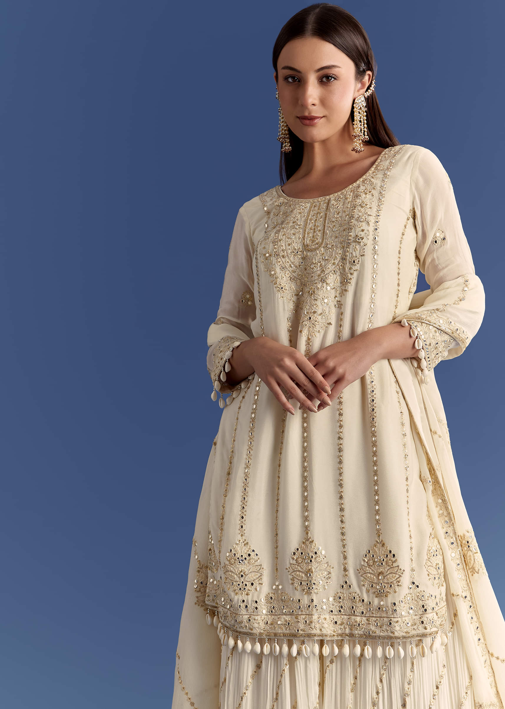Cream Chinon Kurta Palazzo Set With Resham And Sequins Work - Image 2