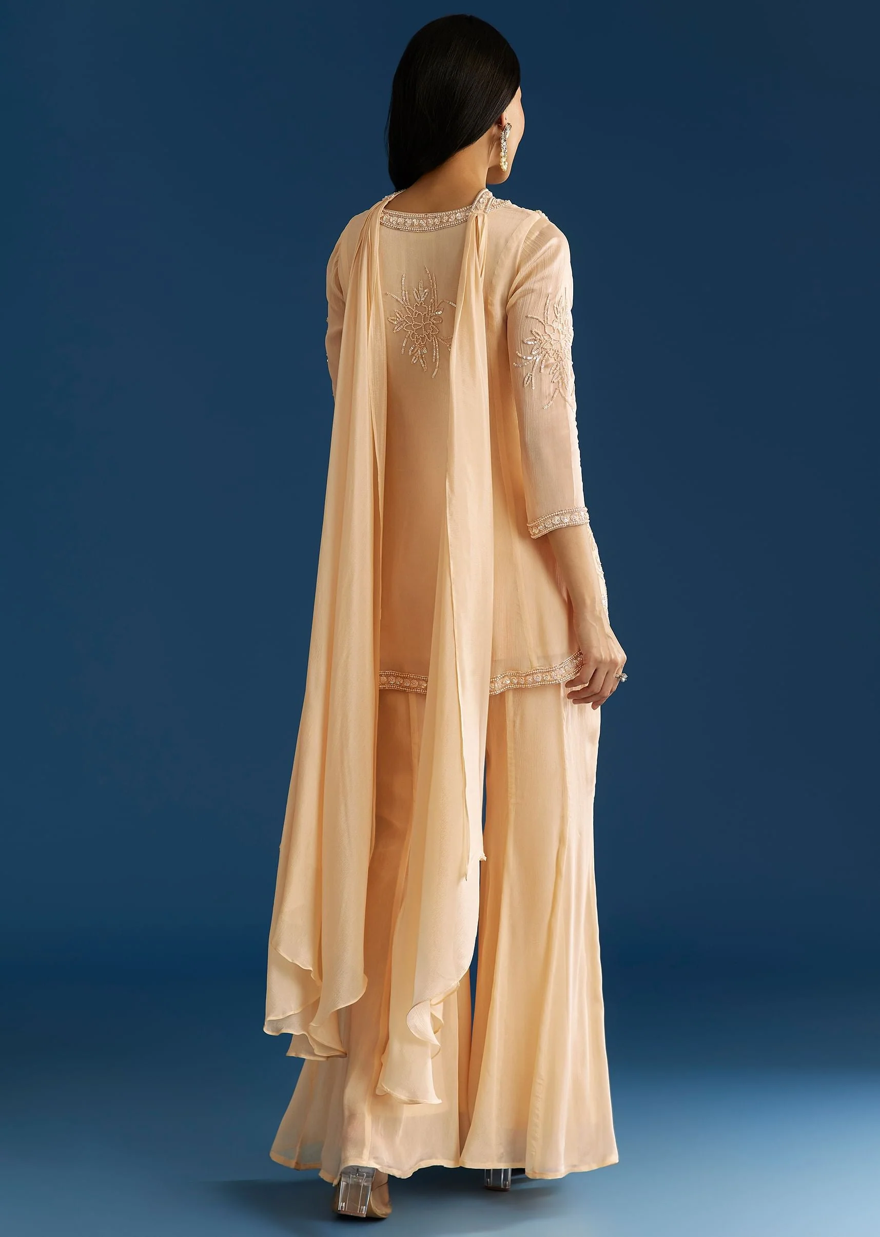 Cream Chinon Moti Embroidered Kurta Palazzo Set With Choker Style Dupatta - Image 5