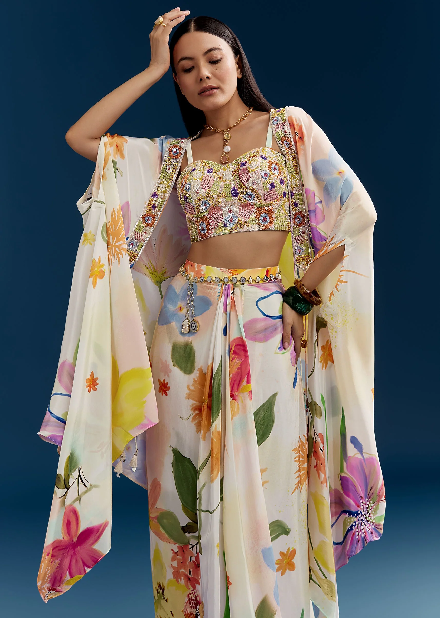 Cream Crop Top Skirt Set With Embroidered Cape And Floral Print - Image 4