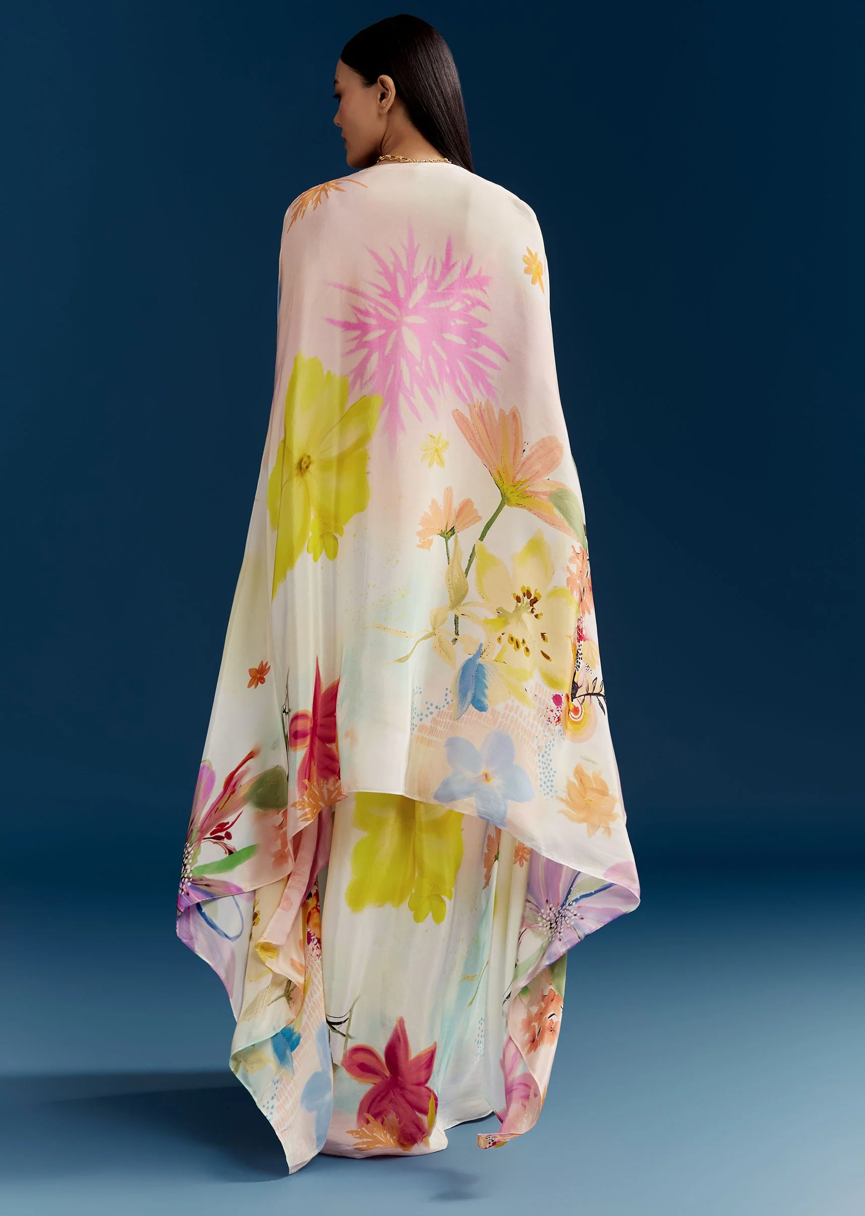 Cream Crop Top Skirt Set With Embroidered Cape And Floral Print - Image 5