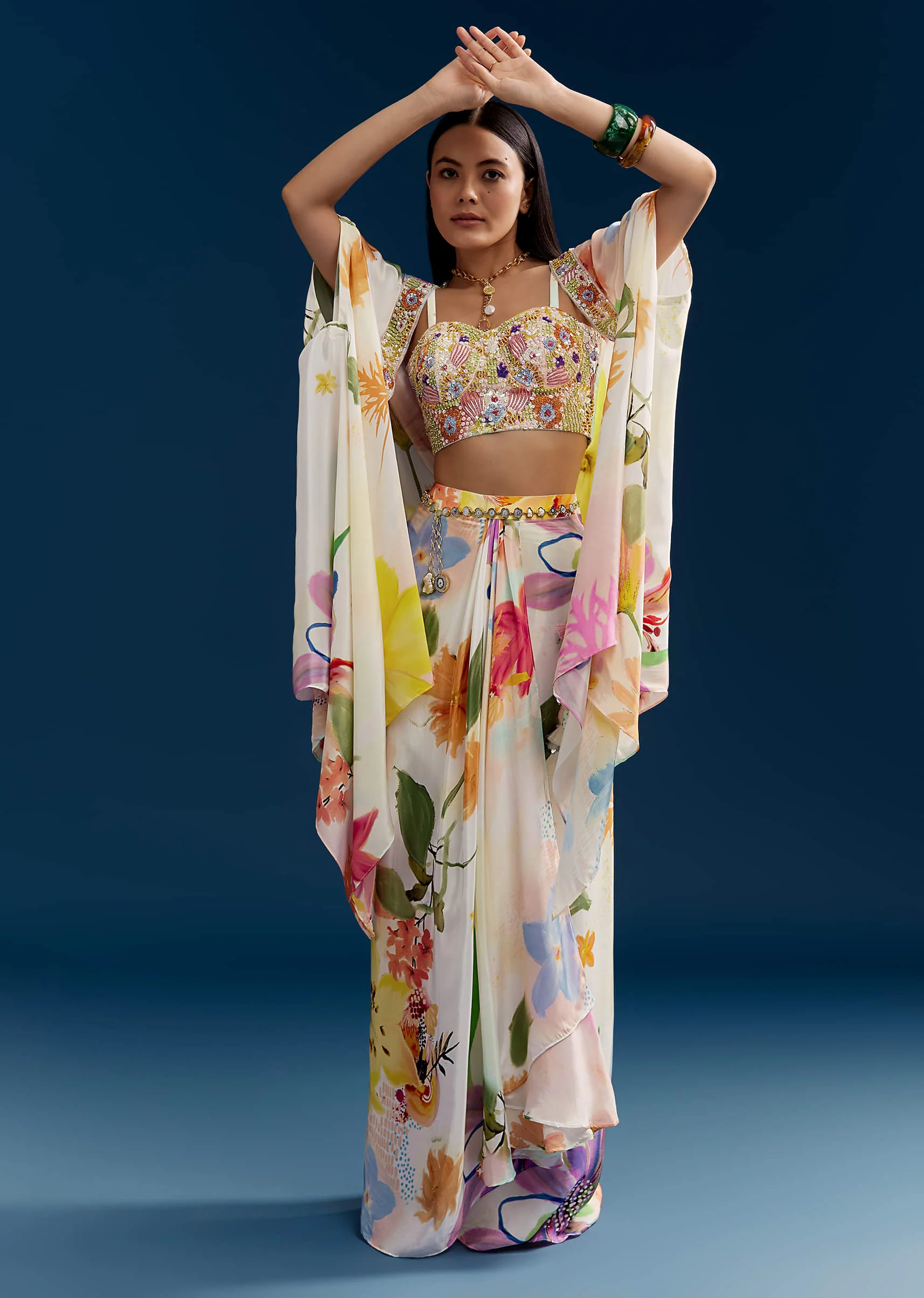 Cream Crop Top Skirt Set With Embroidered Cape And Floral Print - Image 7