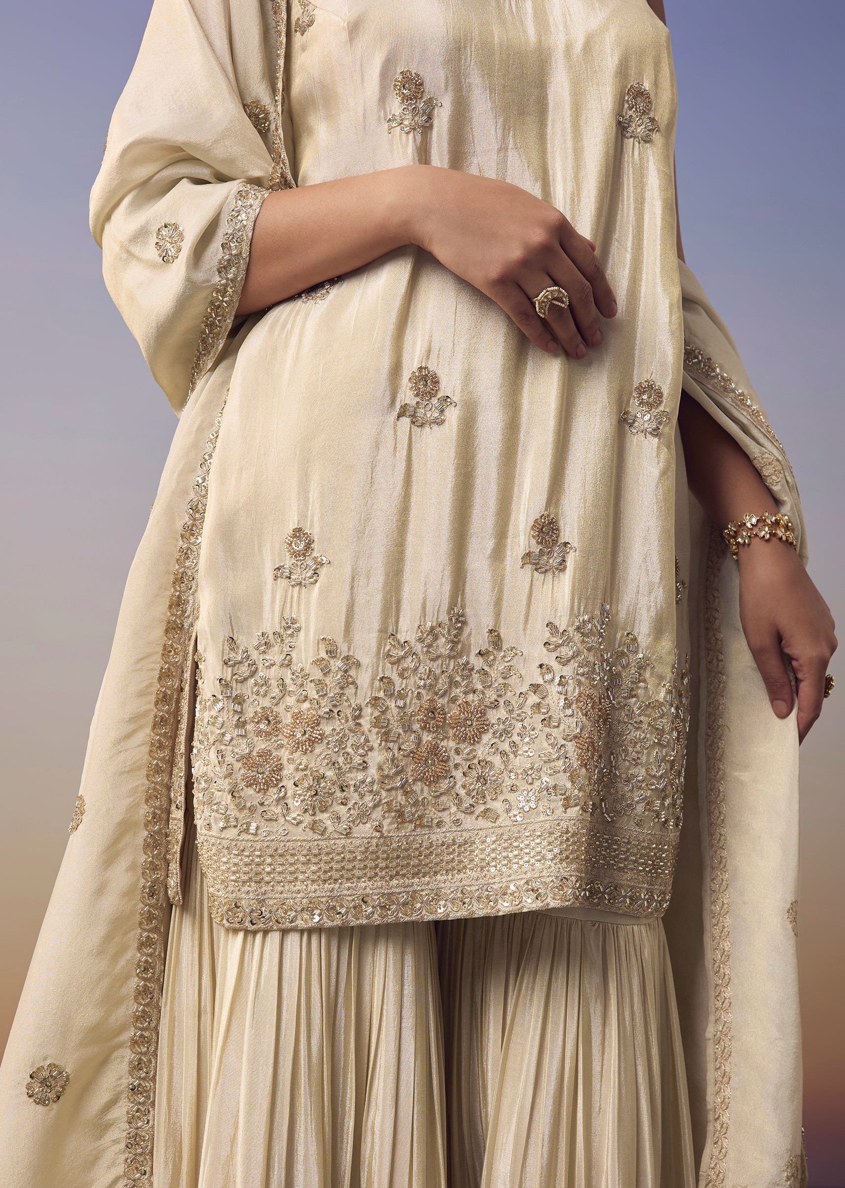 Cream Embroidered Kurta Sharara Set - Image 4