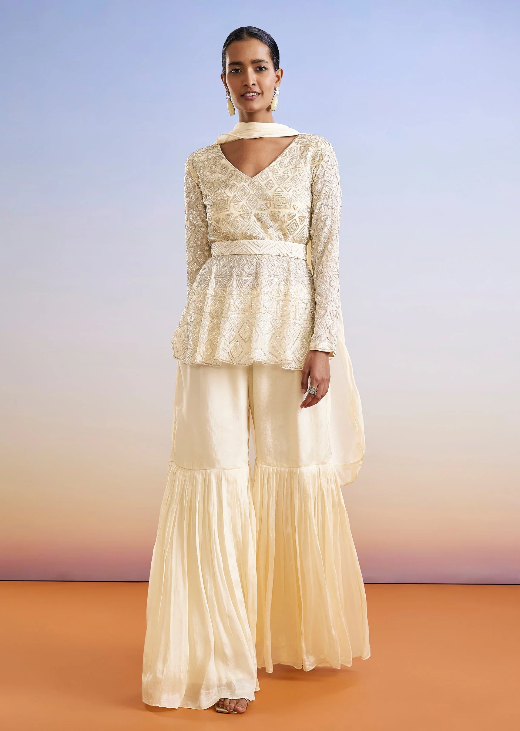 Cream Embroidered Peplum Sharara Suit With Dupatta And Belt - Image 3