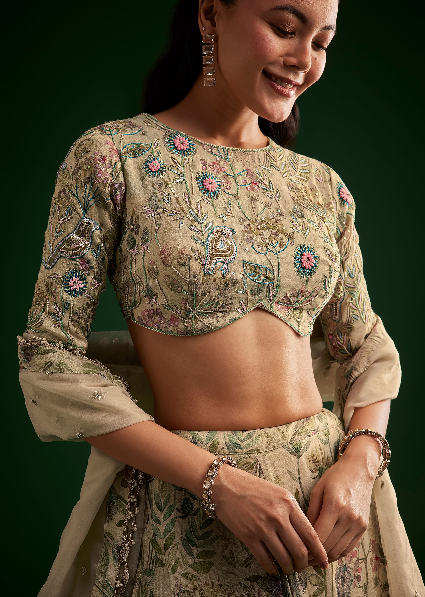 Cream Floral Lehenga Choli With Organza Dupatta - Image 2