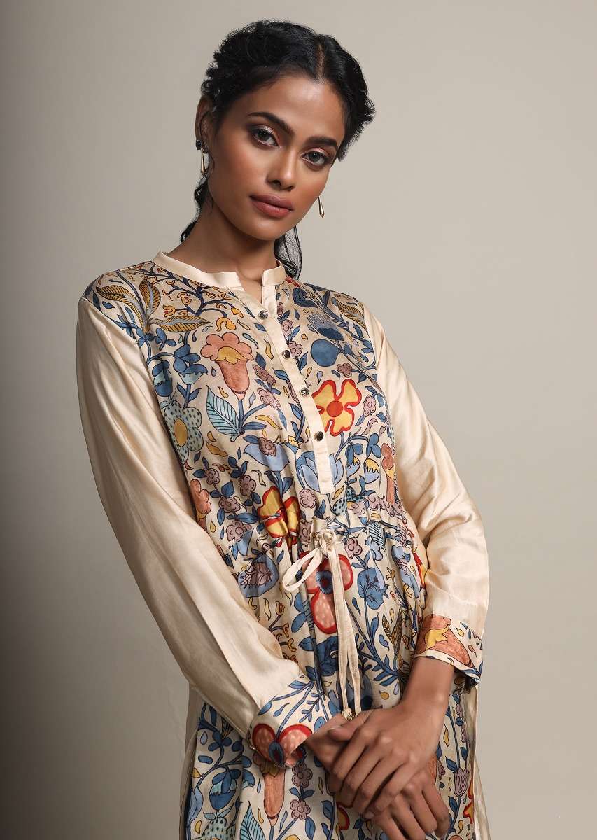 Cream Floral Printed Suit With Contrasting Peacock Blue Palazzo Pants - Image 5