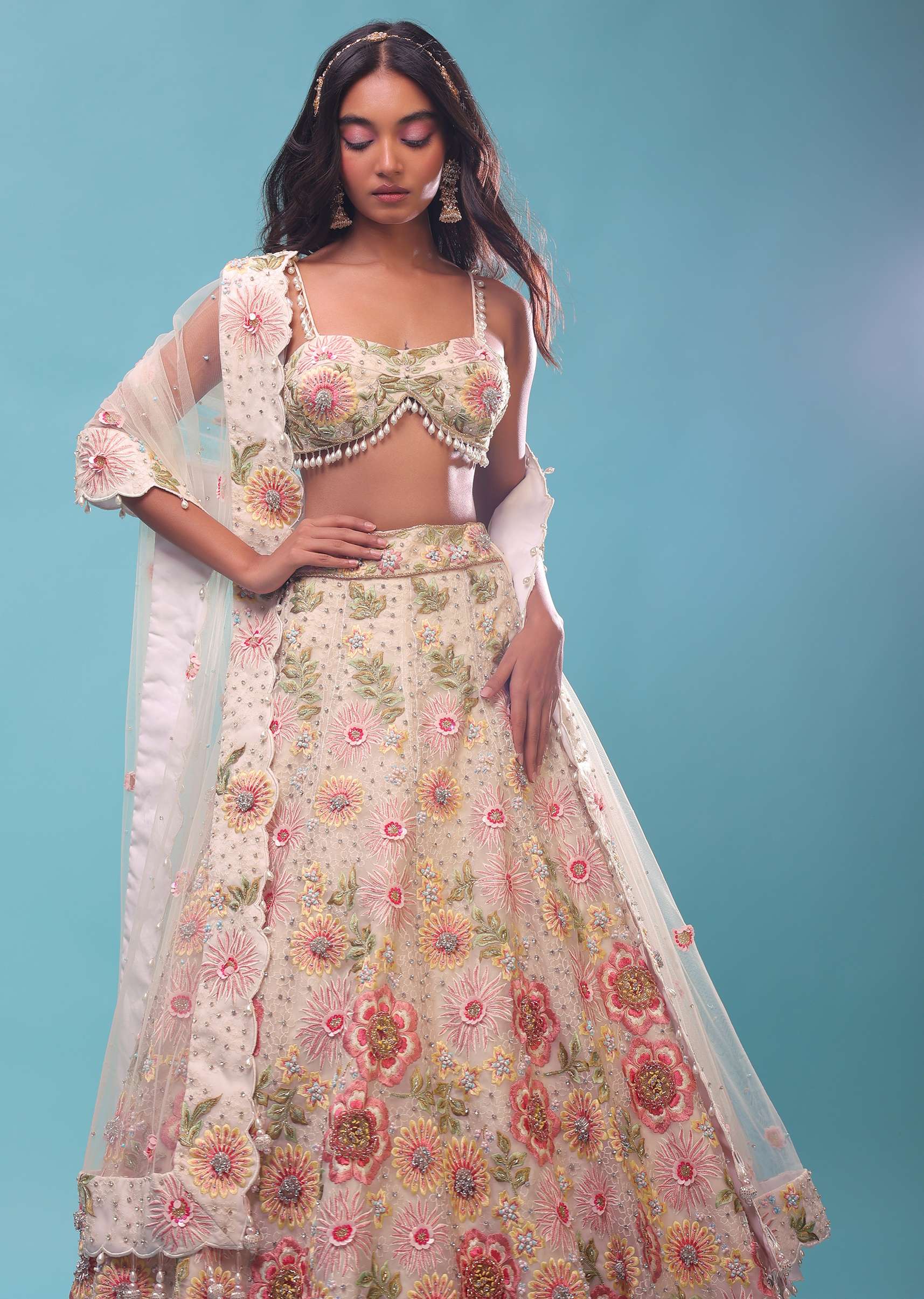 Organza-Made, Cream Lehenga With A Crop Top Embellished With 3D Flower Motifs In Moti Embroidery - Image 4