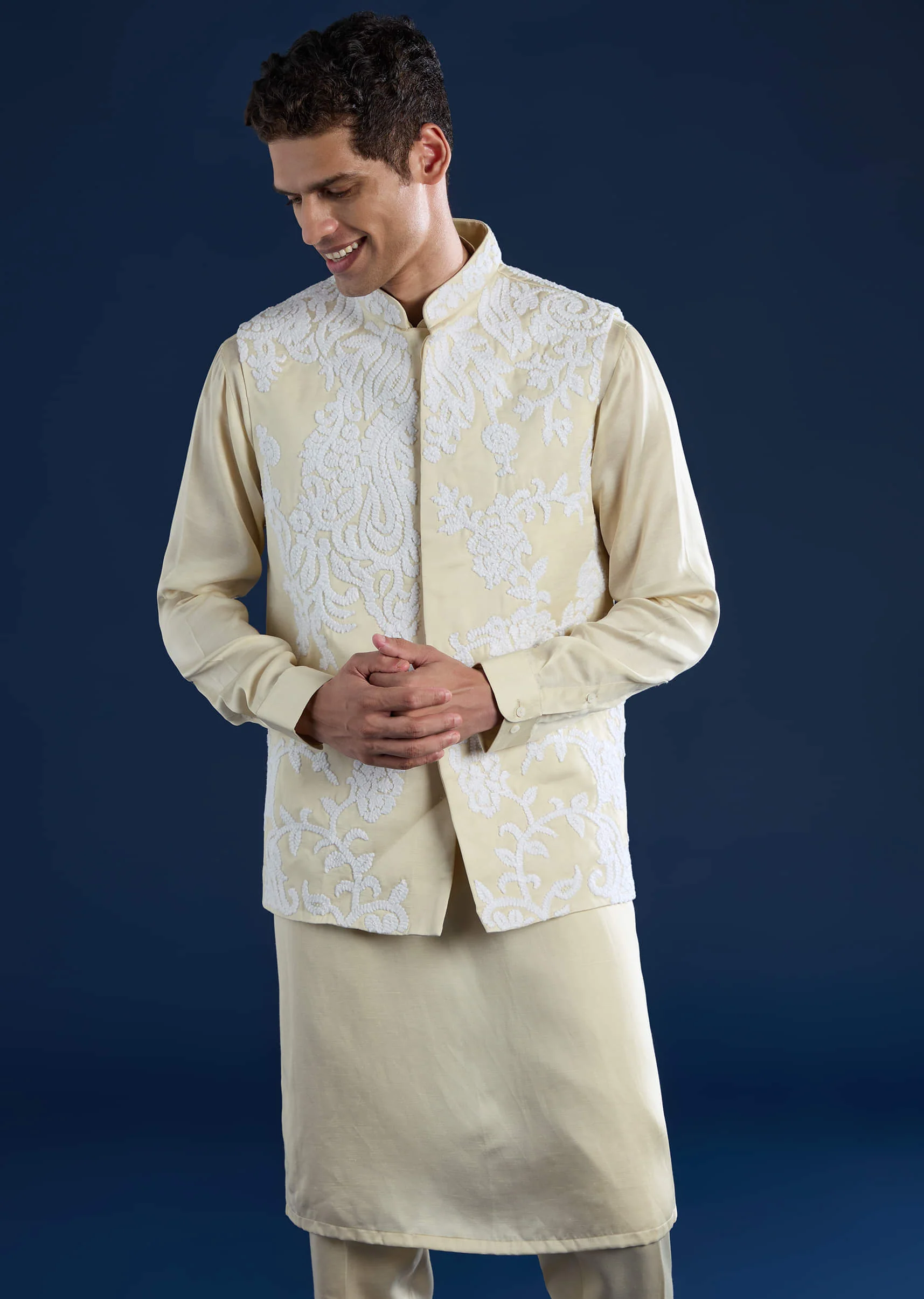 Cream Linen Satin Jacket Kurta Set with Dori Work - Image 4