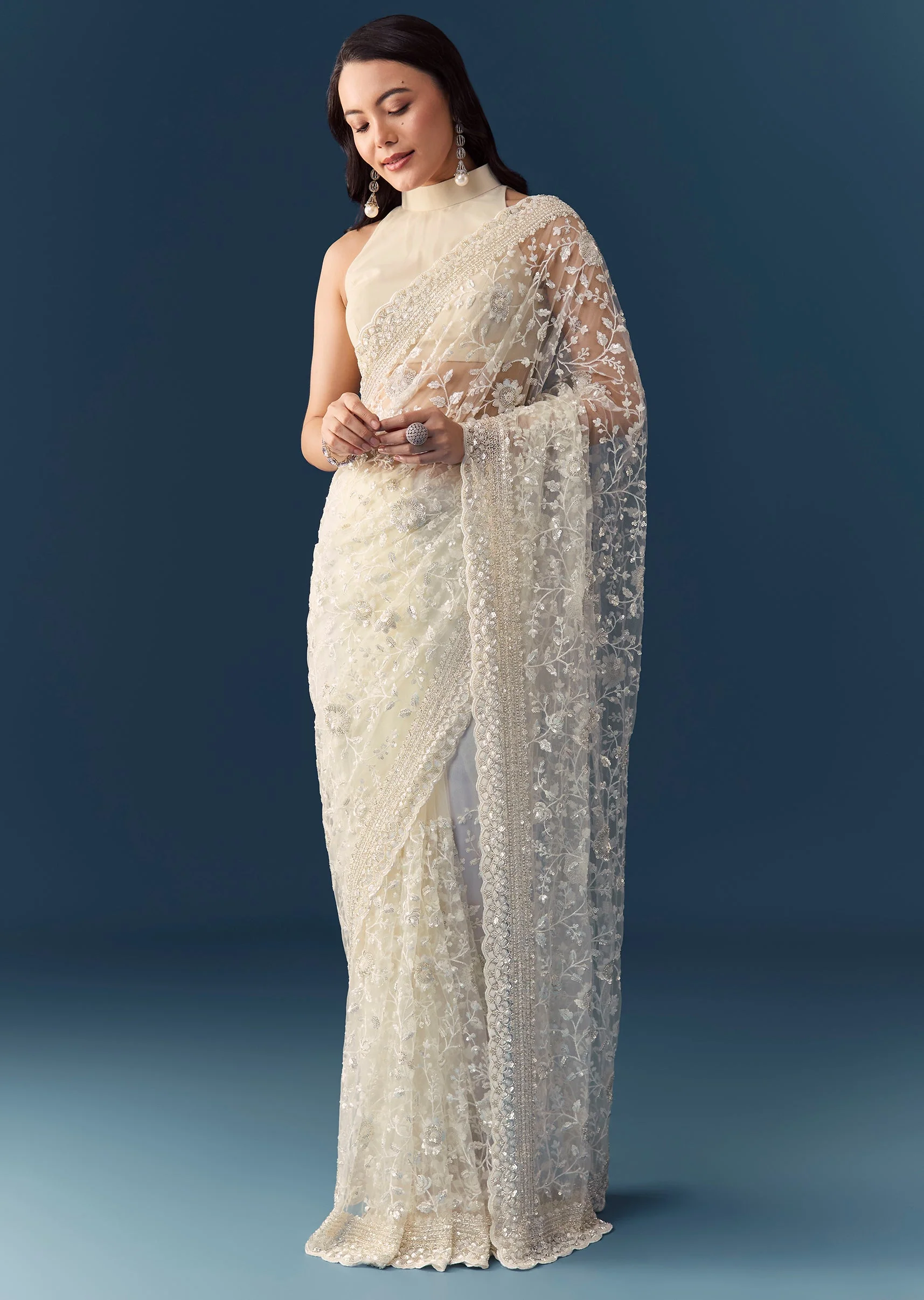 Cream Net Jaal Embellished Saree with Unstitched Blouse - Image 3