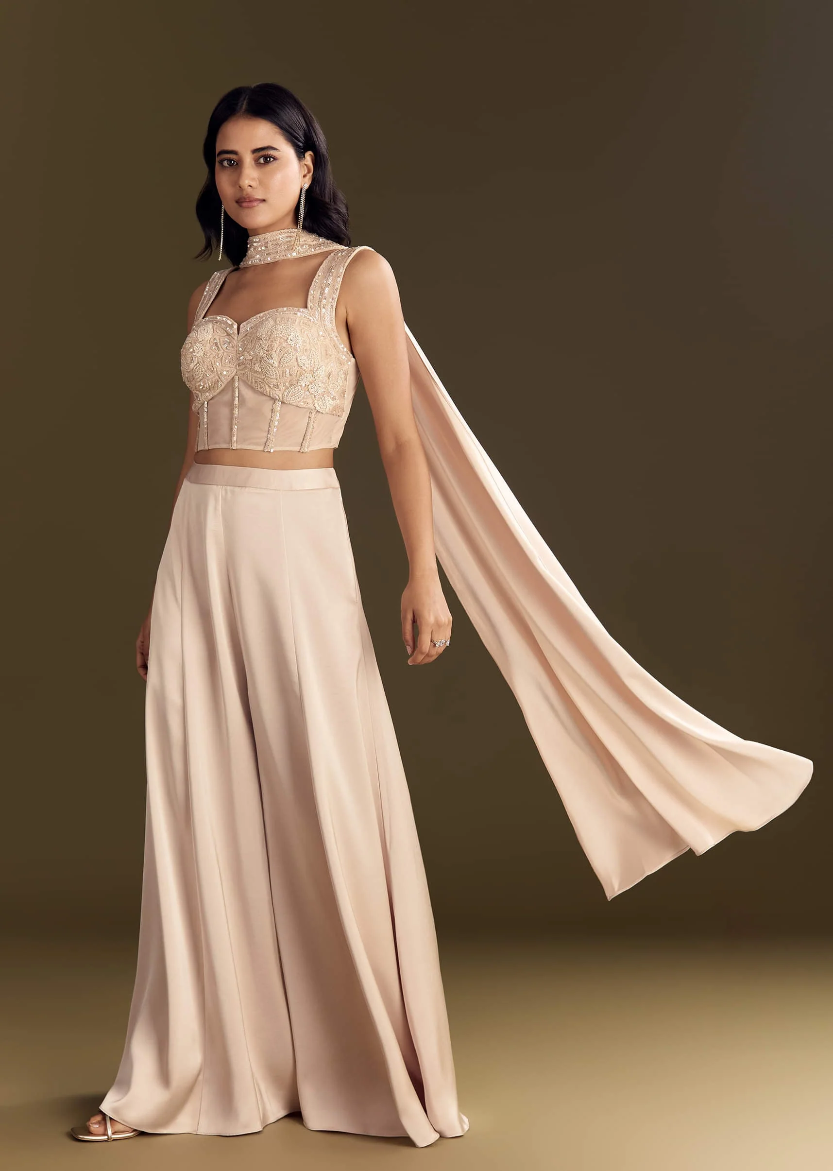 Cream Satin Bustier Palazzo Suit With Choker Dupatta - Image 2