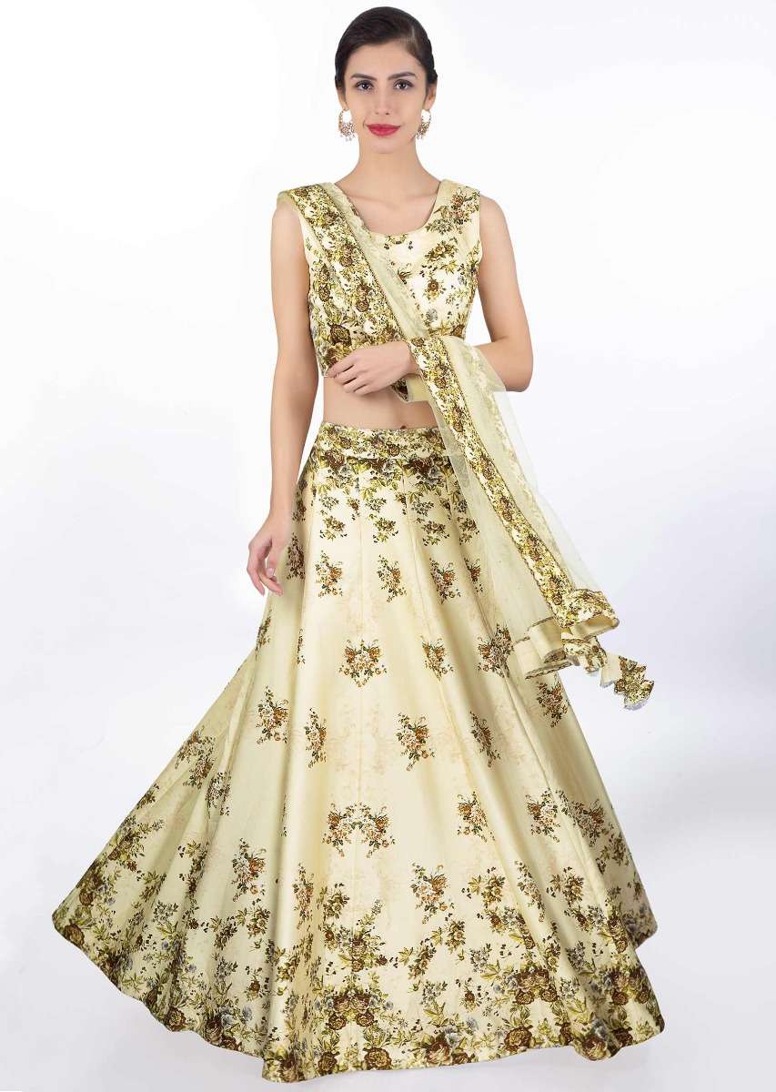 Cream Lehenga And Blouse In Satin Crepe With Digital Floral Print And Matching Net Dupatta Online - Kalki Fashion - Image 17