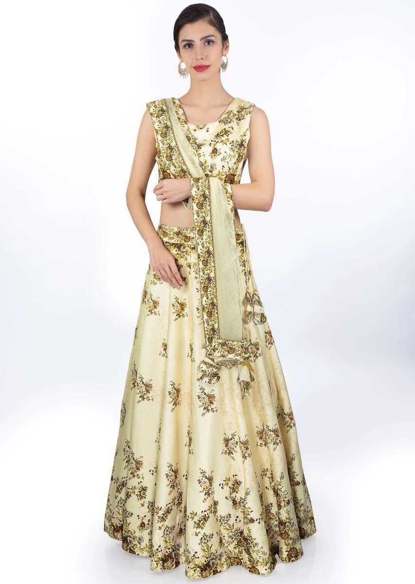 Cream Lehenga And Blouse In Satin Crepe With Digital Floral Print And Matching Net Dupatta Online - Kalki Fashion - Image 3