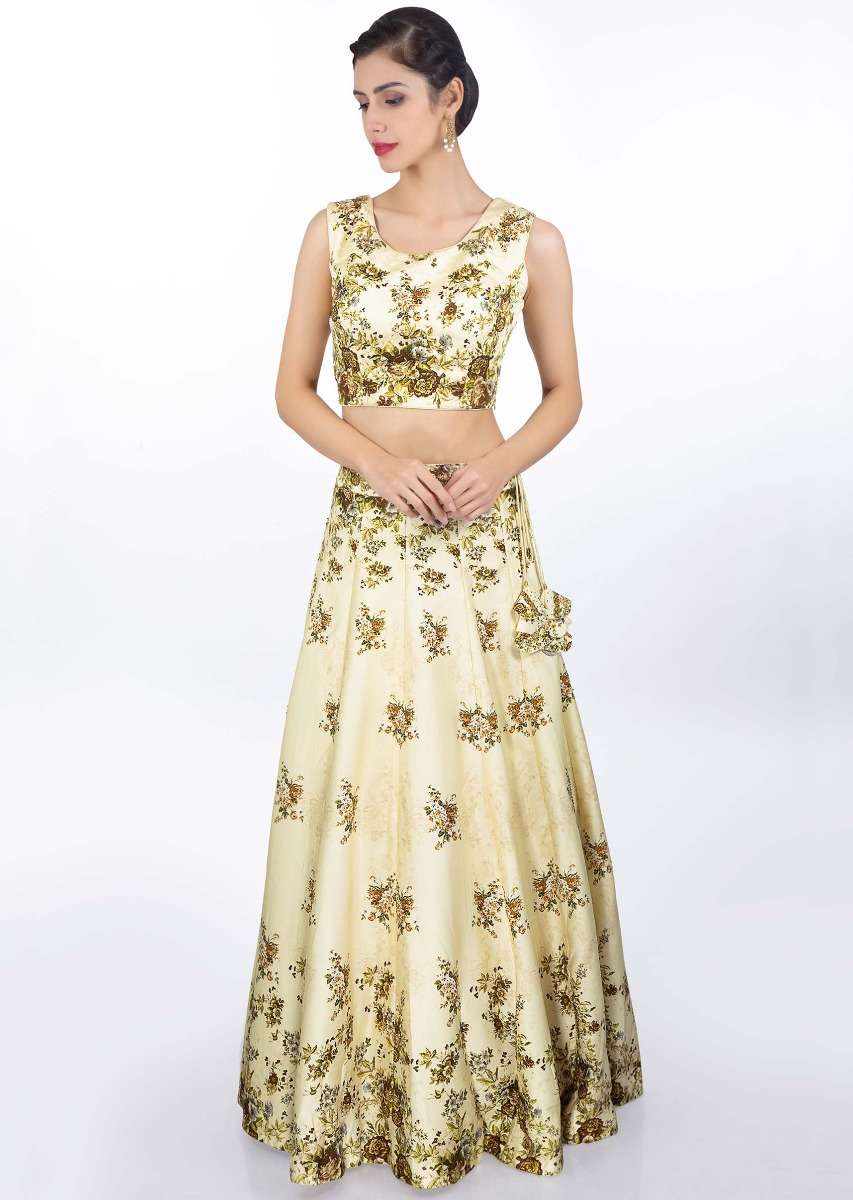 Cream Lehenga And Blouse In Satin Crepe With Digital Floral Print And Matching Net Dupatta Online - Kalki Fashion - Image 4