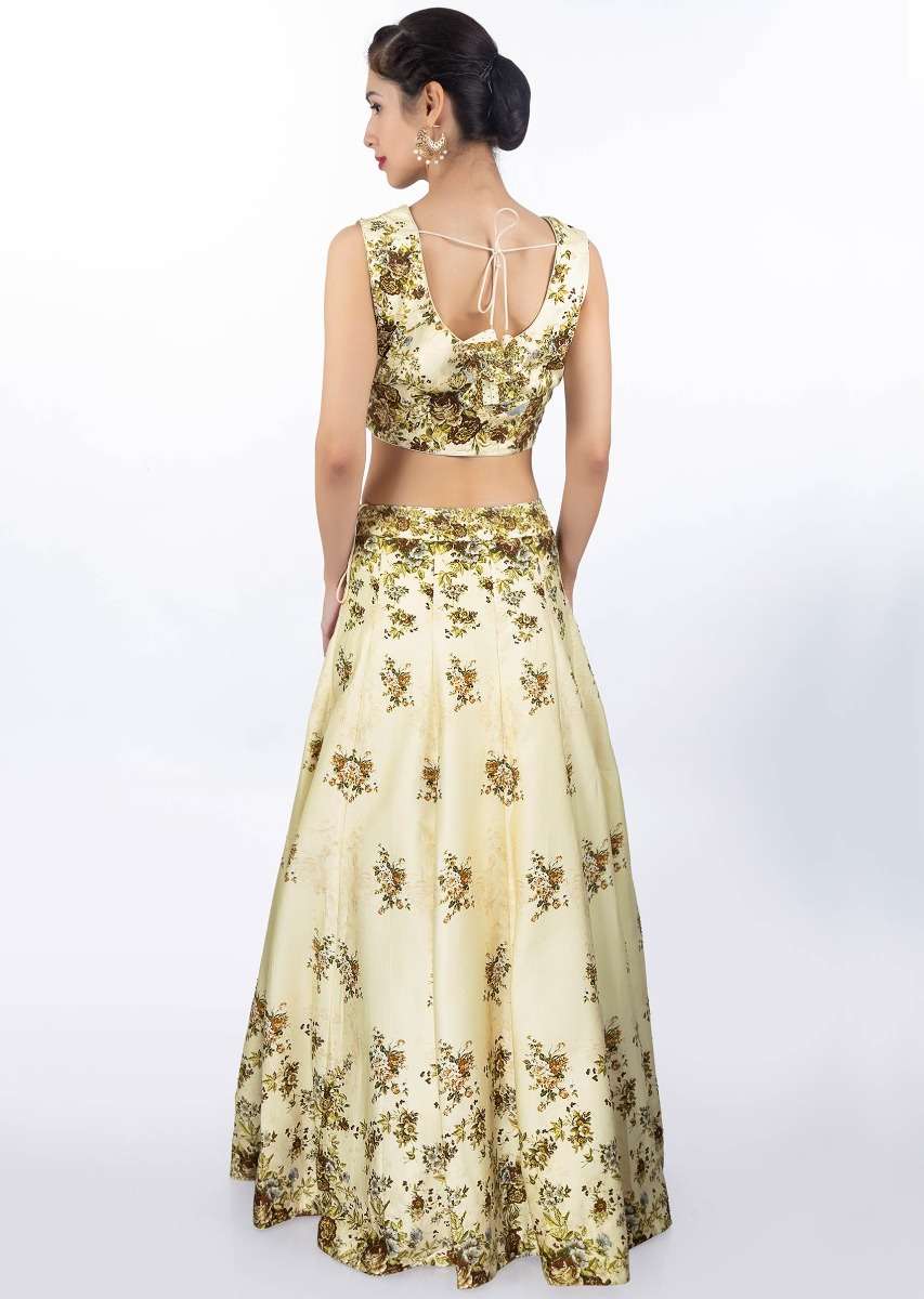 Cream Lehenga And Blouse In Satin Crepe With Digital Floral Print And Matching Net Dupatta Online - Kalki Fashion - Image 5