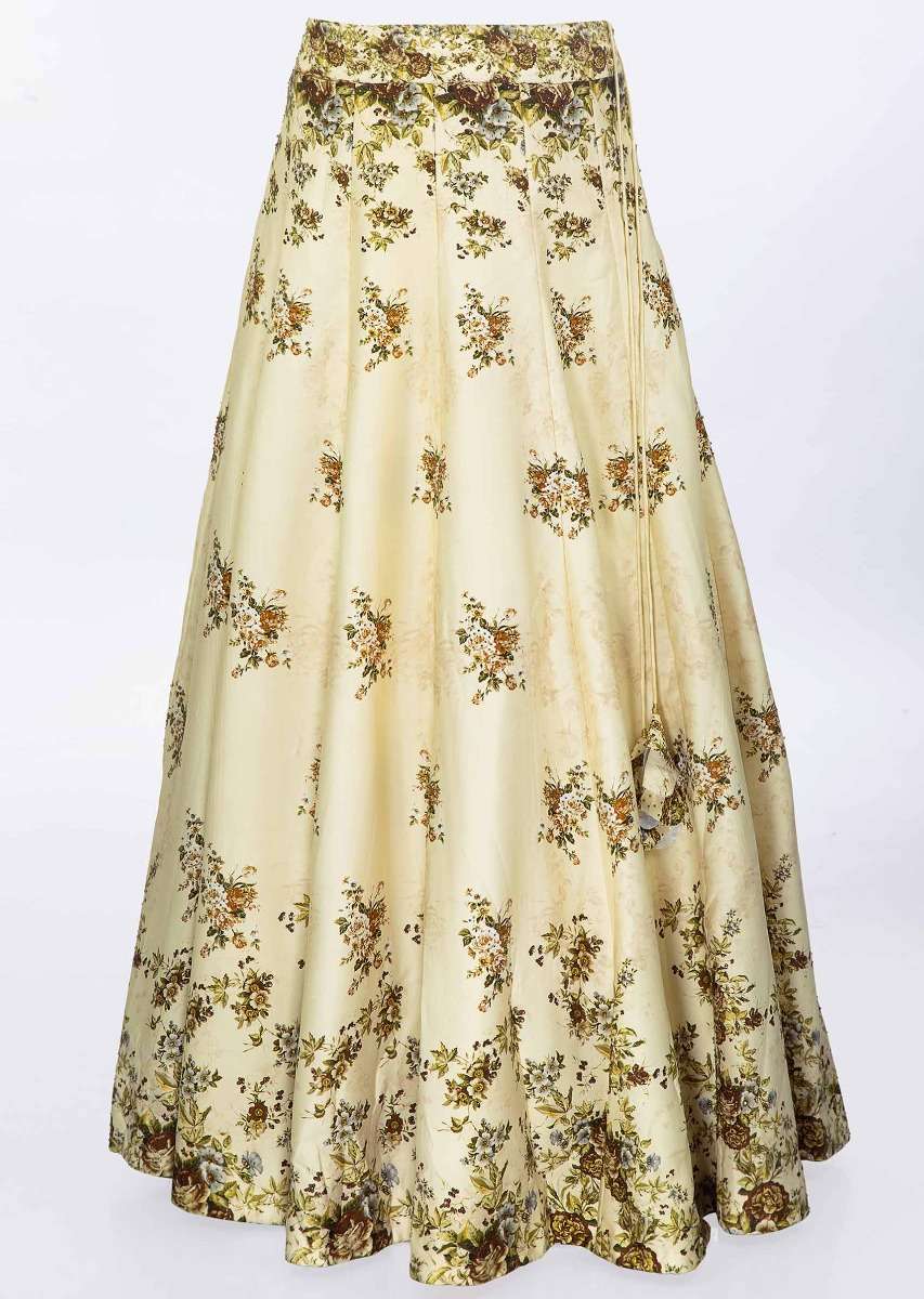 Cream Lehenga And Blouse In Satin Crepe With Digital Floral Print And Matching Net Dupatta Online - Kalki Fashion - Image 7