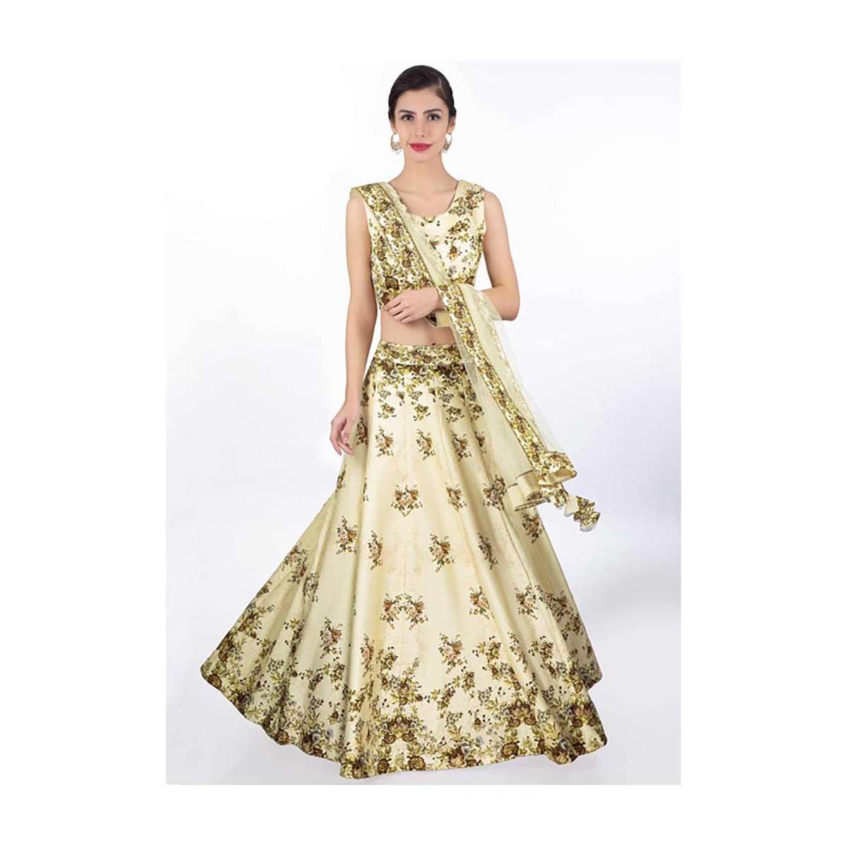 Cream Lehenga And Blouse In Satin Crepe With Digital Floral Print And Matching Net Dupatta Online - Kalki Fashion - Image 8