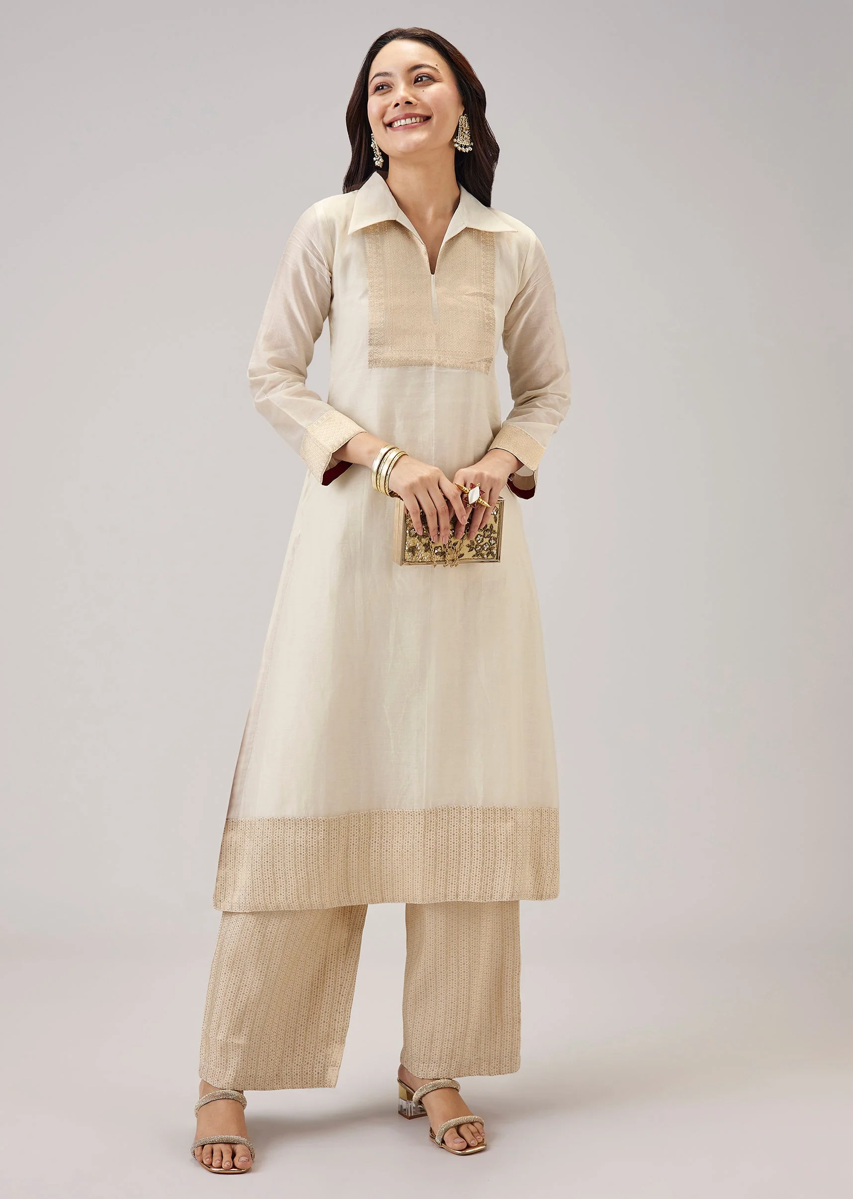 Cream Self Woven Chanderi Kurta Set
