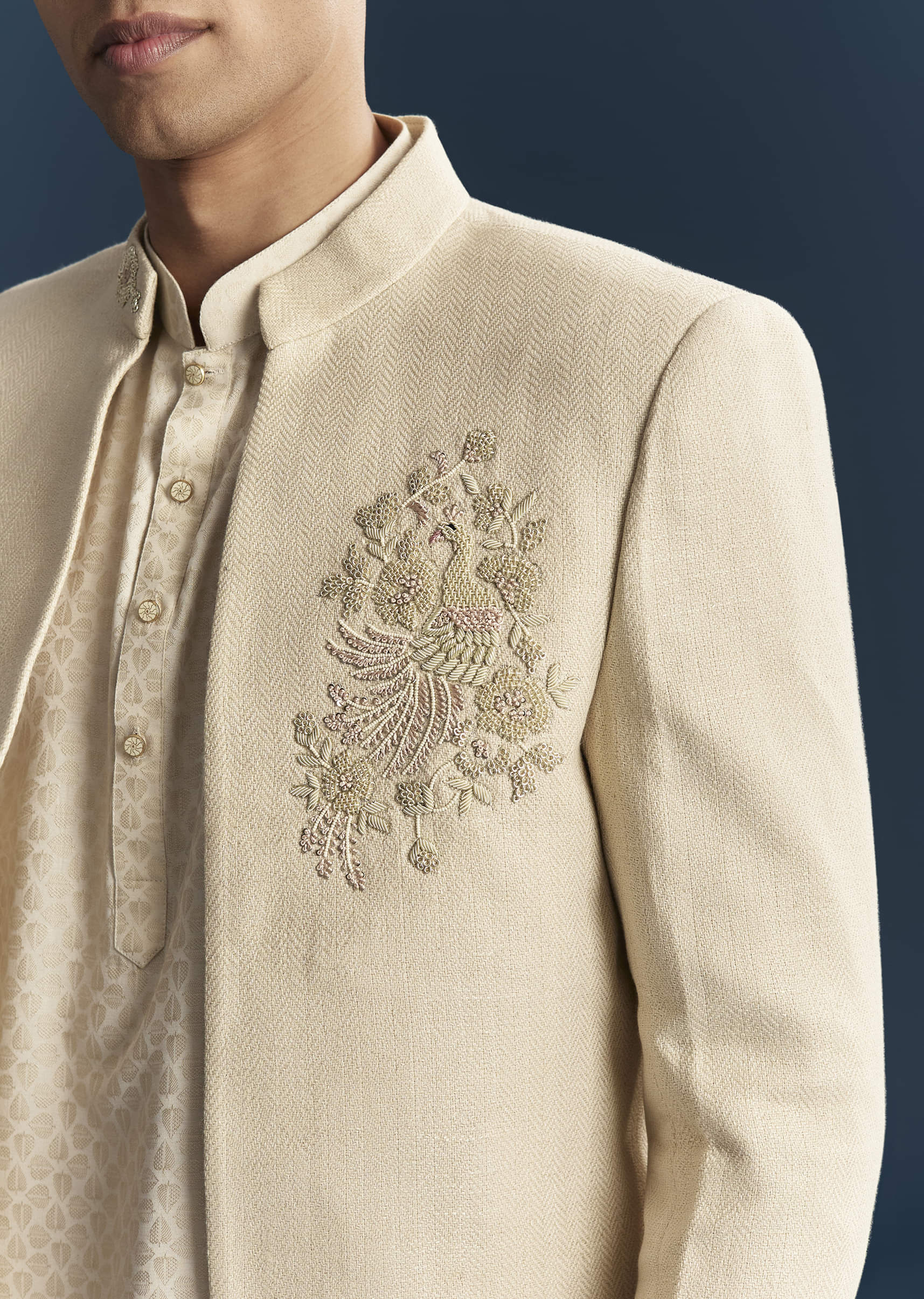 Cream Silk Kurta Jacket Set For Men With Dense Embroidery - Image 2