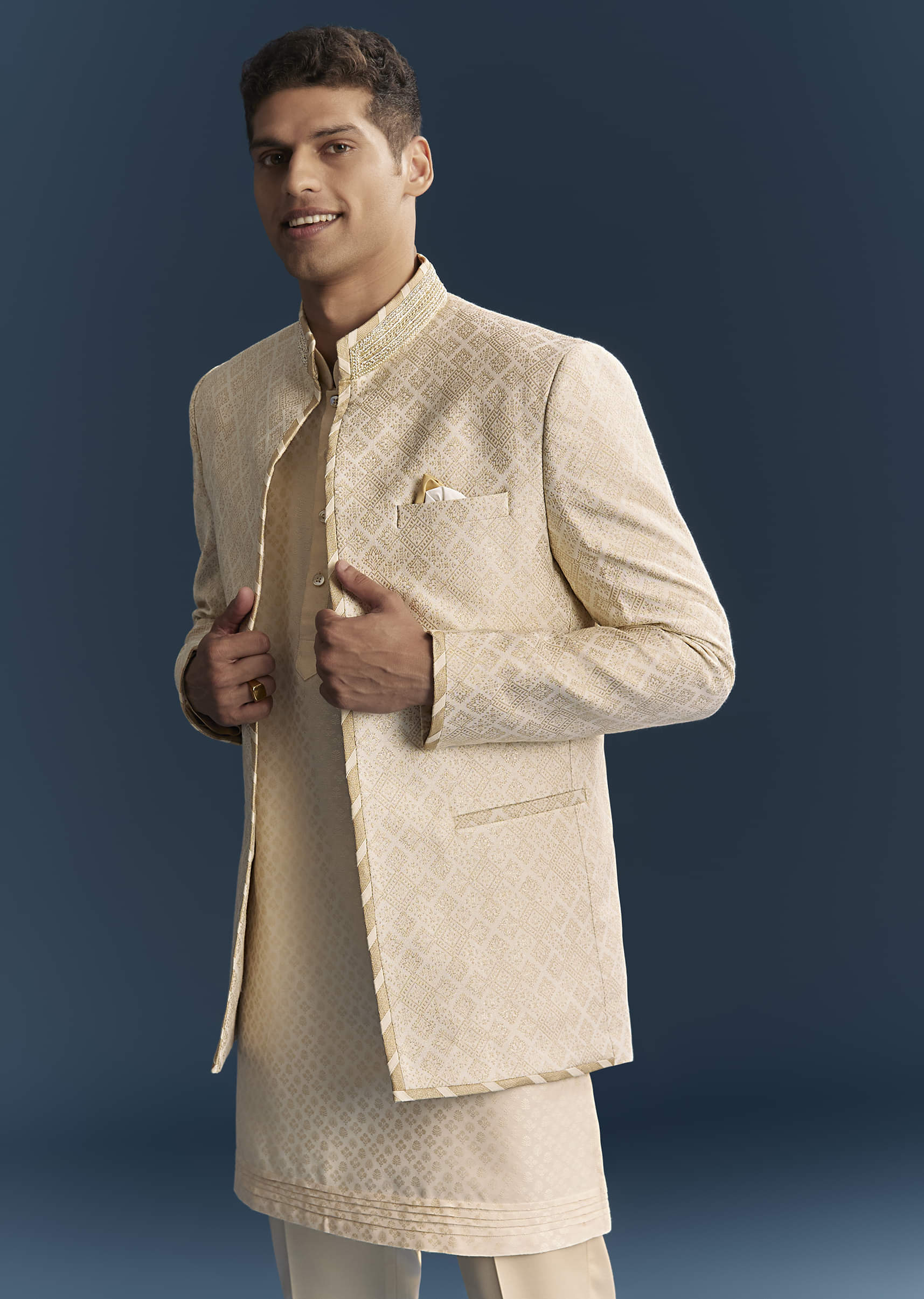 Cream Silk Kurta Jacket Set For Men With Embroidery - Image 4
