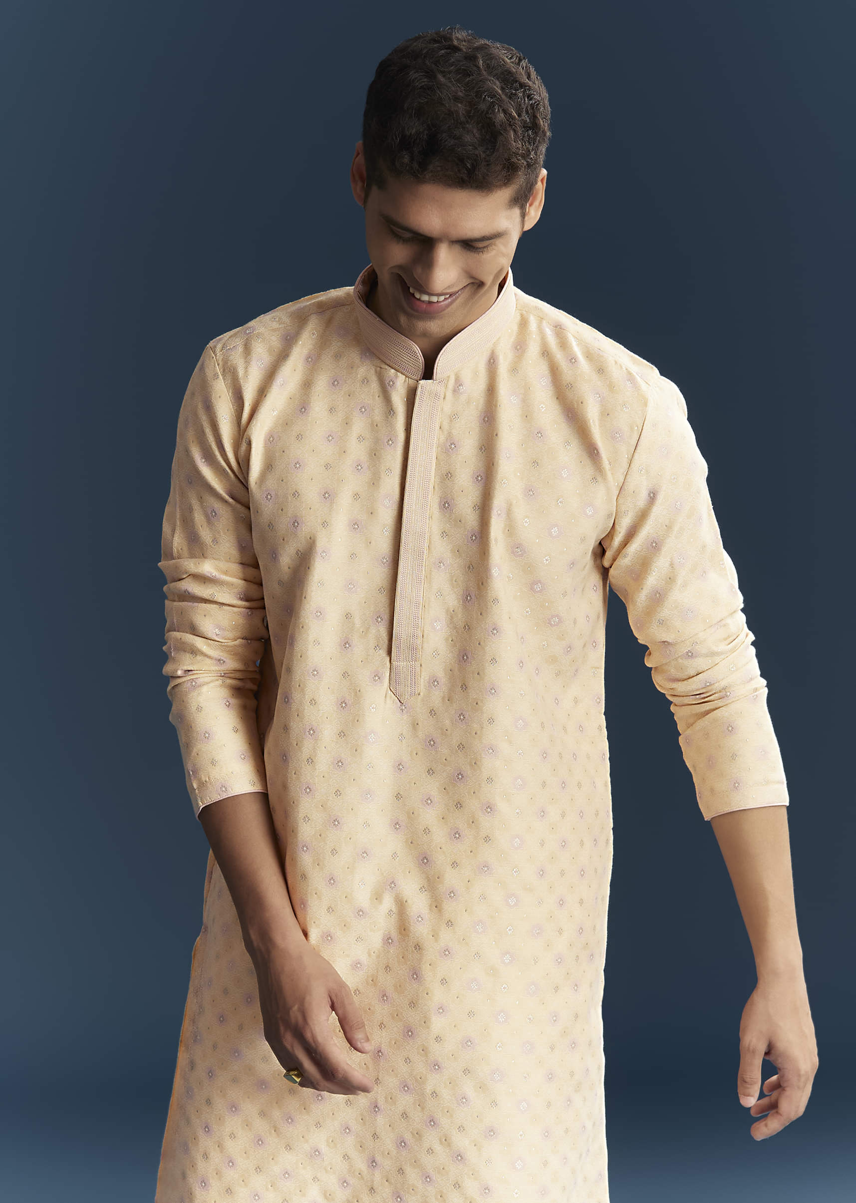 Cream Silk Kurta Set For Men With Heavy Hand Embroidery - Image 4