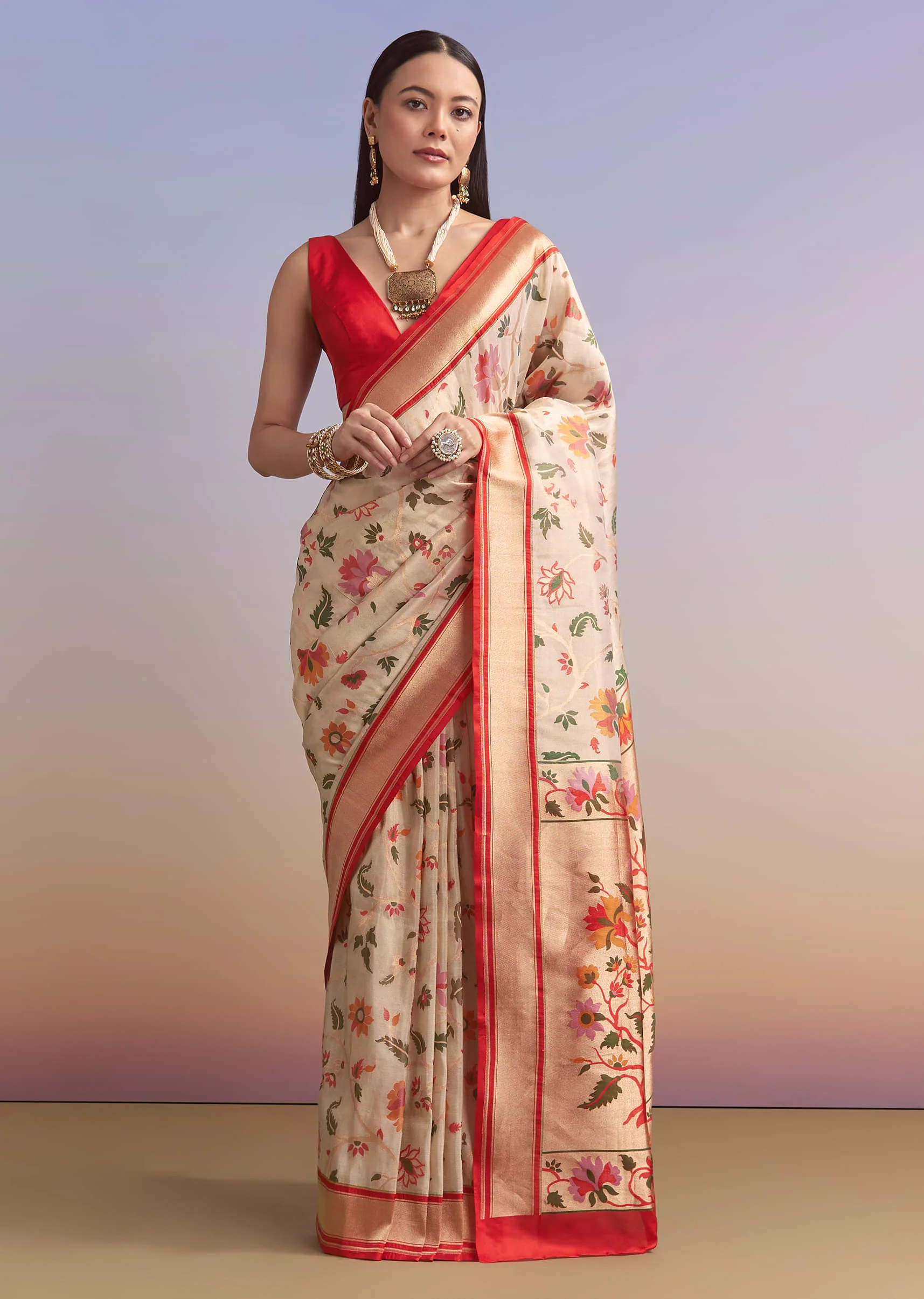 Cream Silk Woven Saree With Multicolour Thread Embroidery - Image 10
