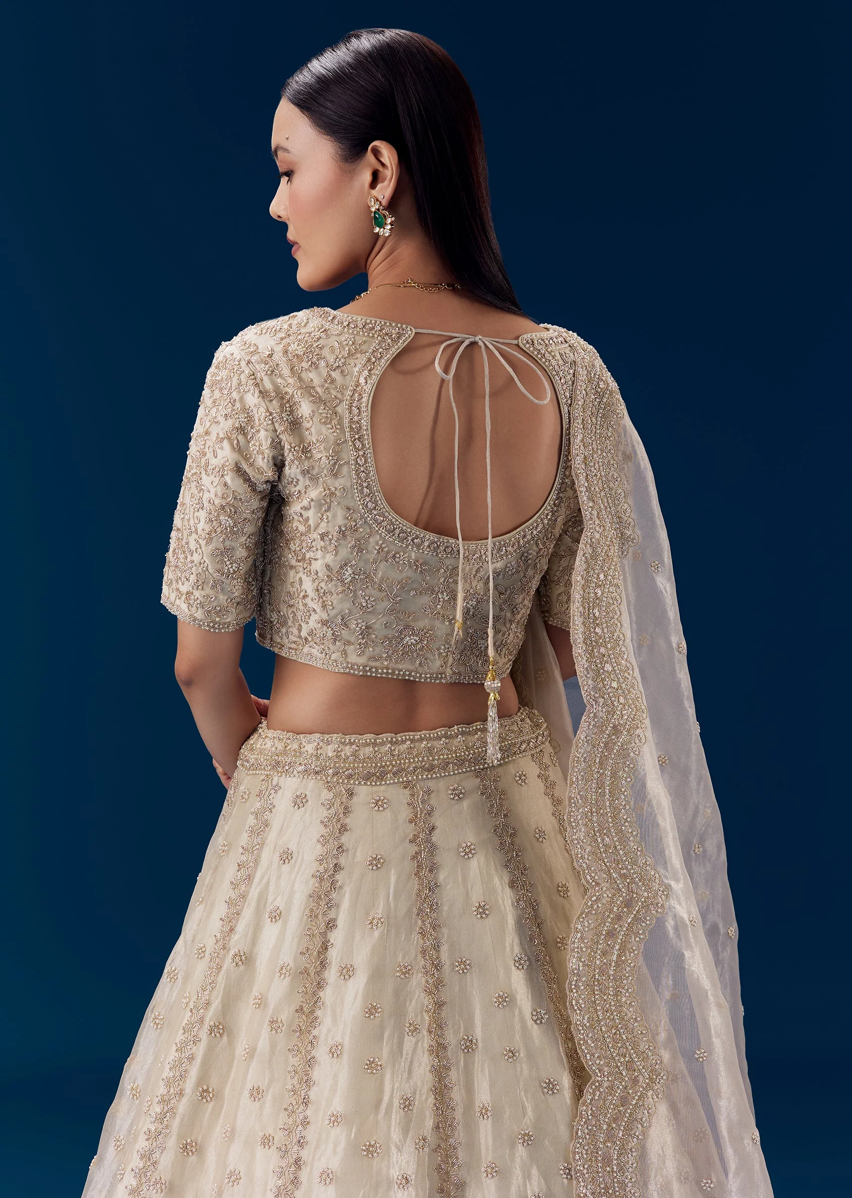Cream Thread Embroidered Bridal Lehenga Set - Image 6