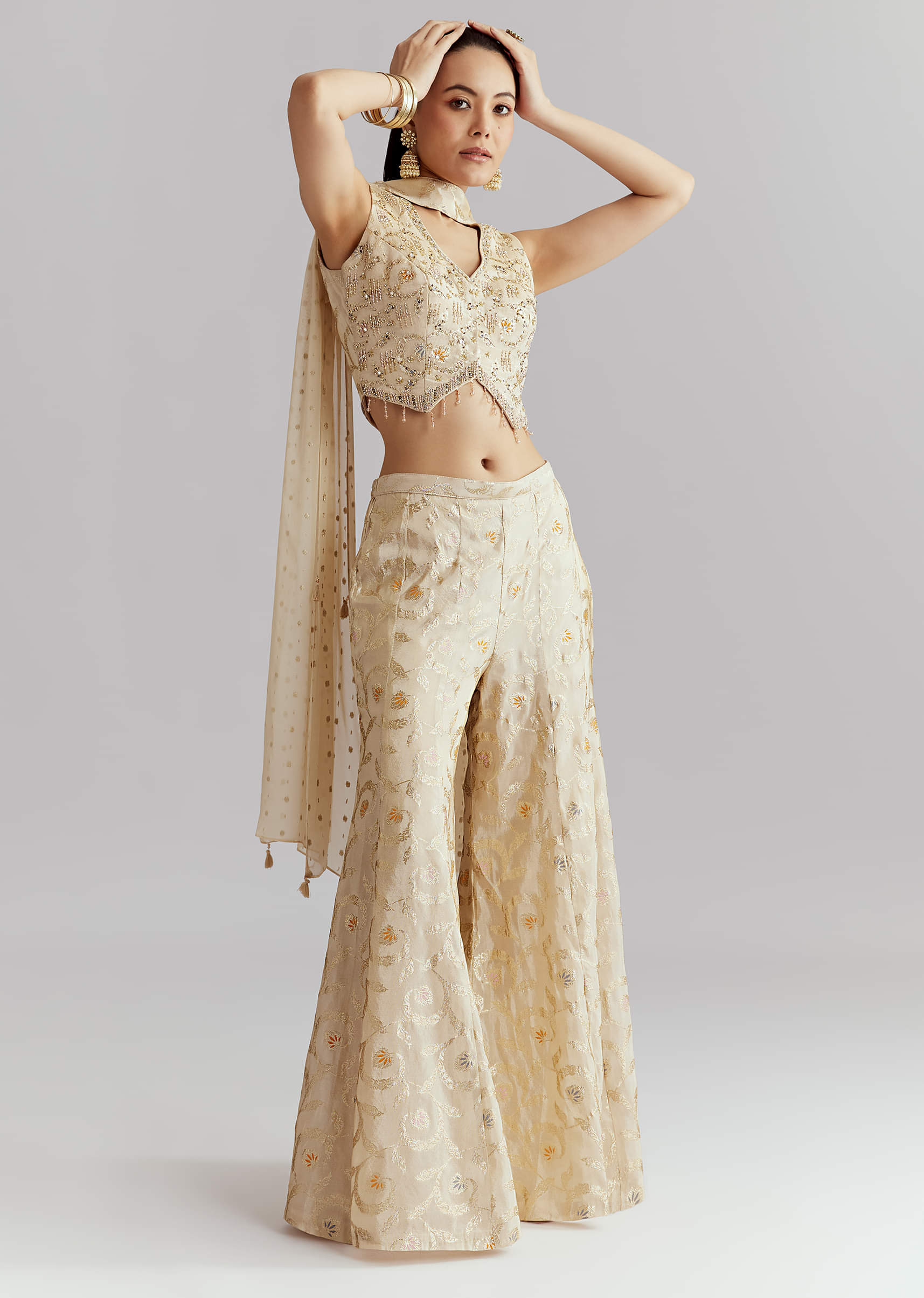 Cream Tissue Crop Top And Palazzo Pant Set With Embroidery - Image 3