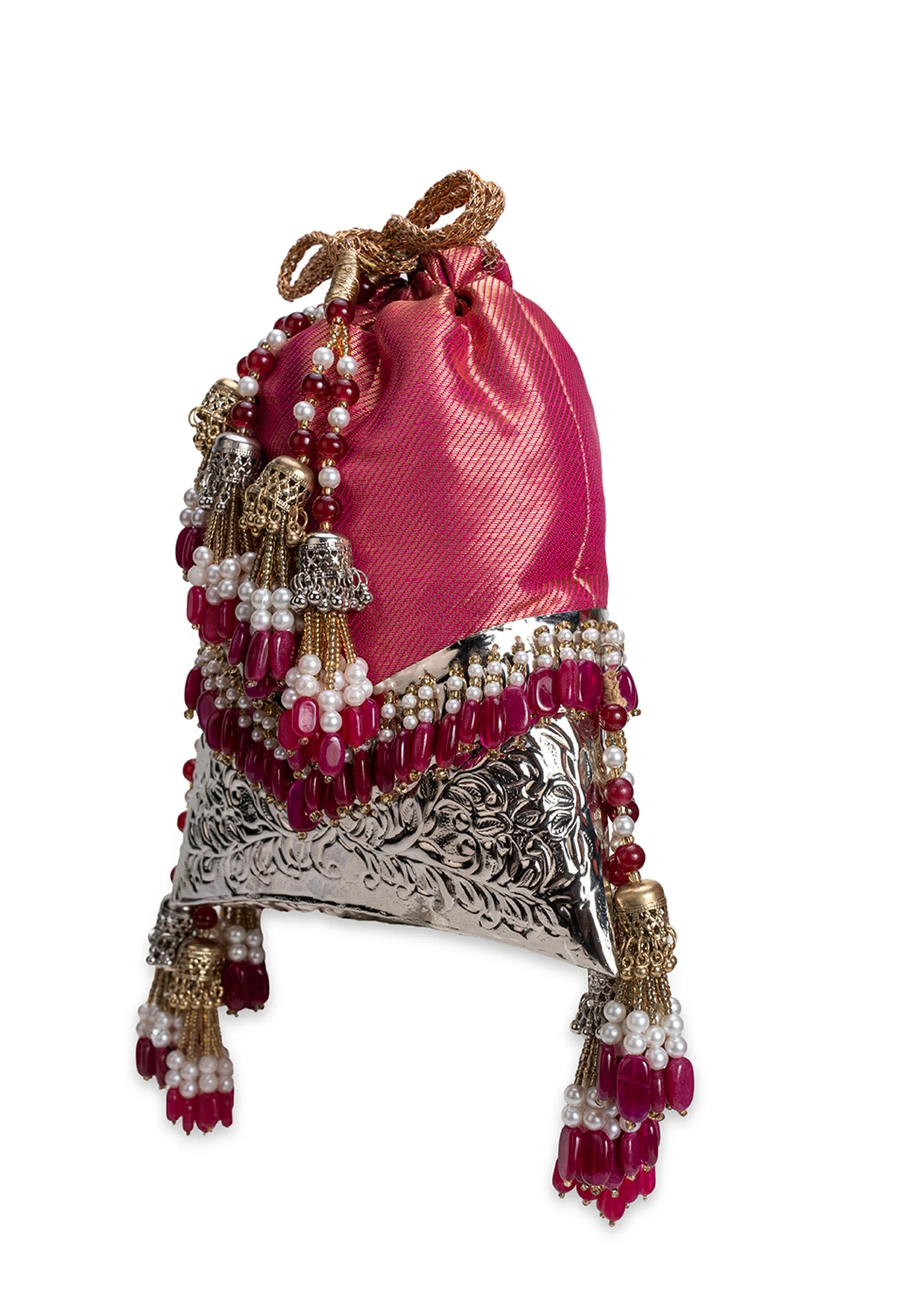Crimson Red Brocade Embellished Potli - Image 6