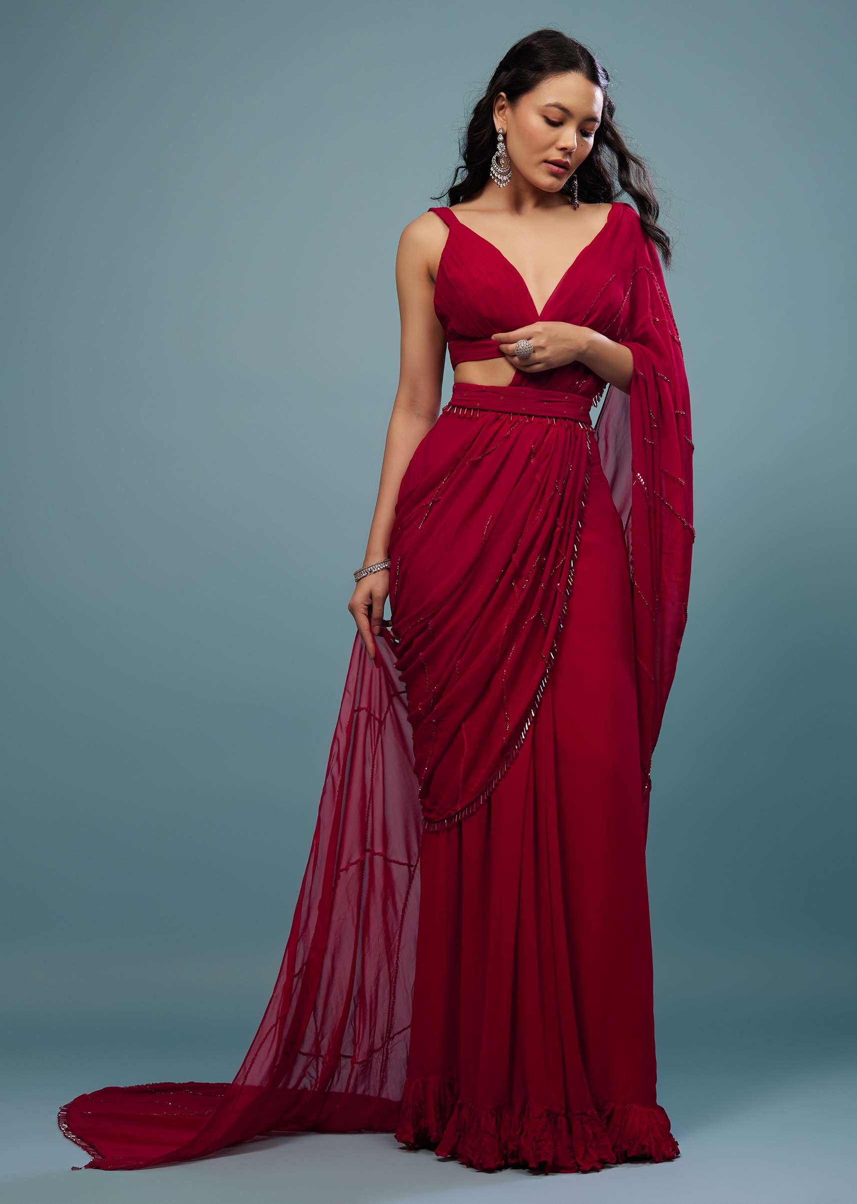 Blood Red Ready-Pleated Saree In Georgette - Image 3