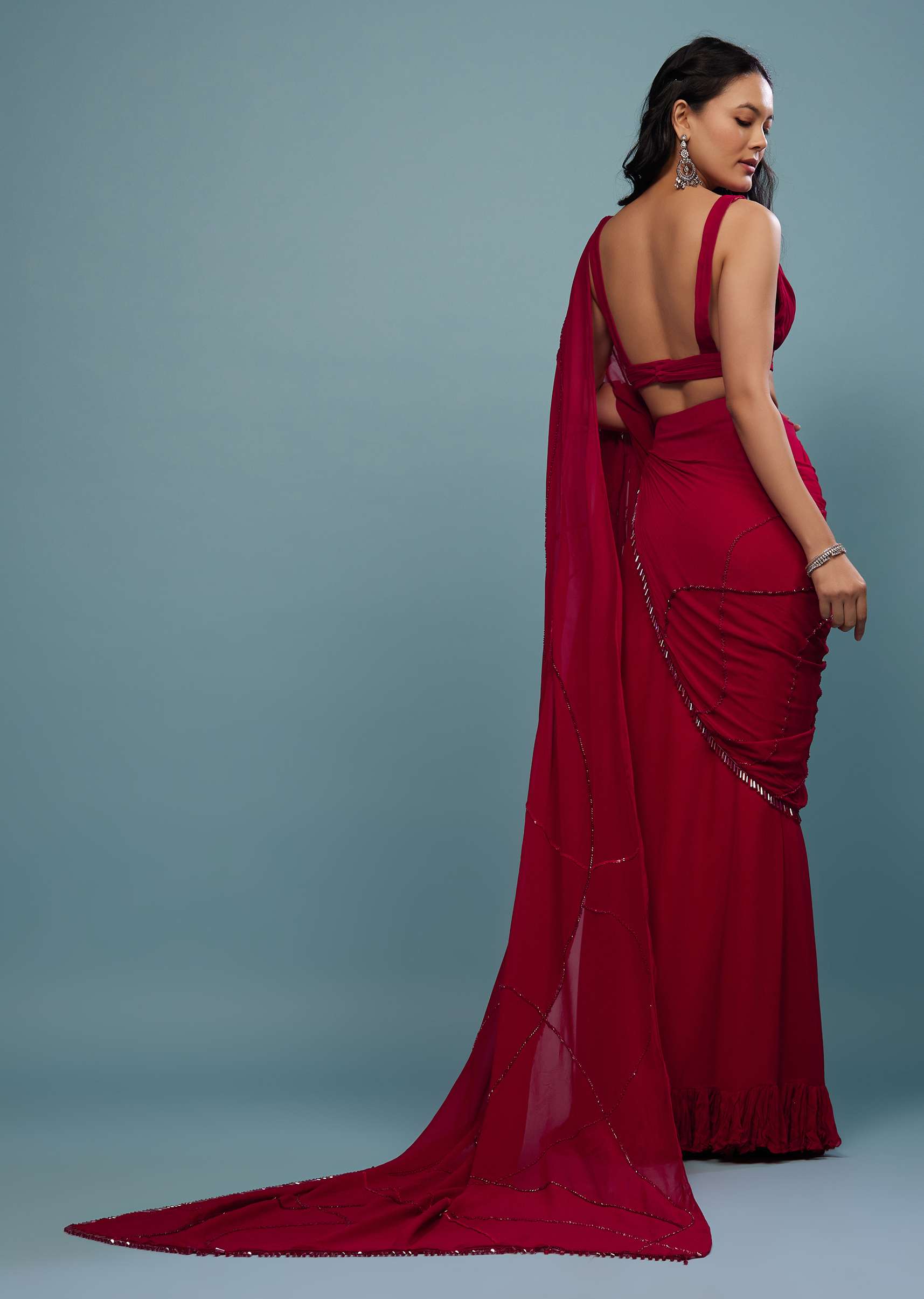 Blood Red Ready-Pleated Saree In Georgette - Image 4