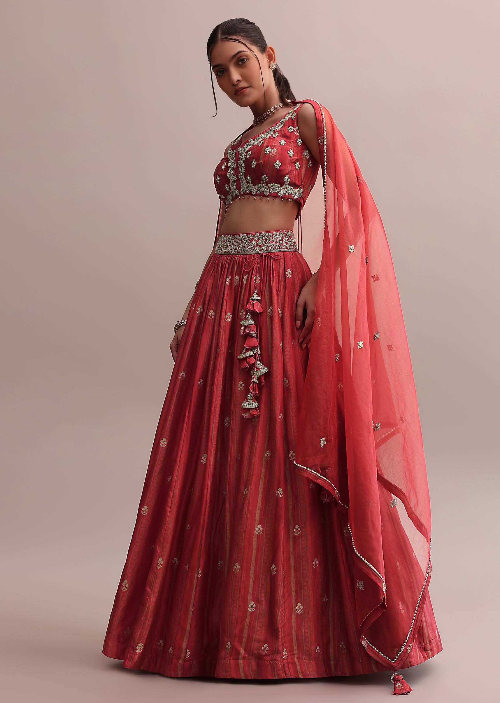Crimson Red Zardosi Embroidered Choli Lehenga Set With A Net Dupatta - Image 3