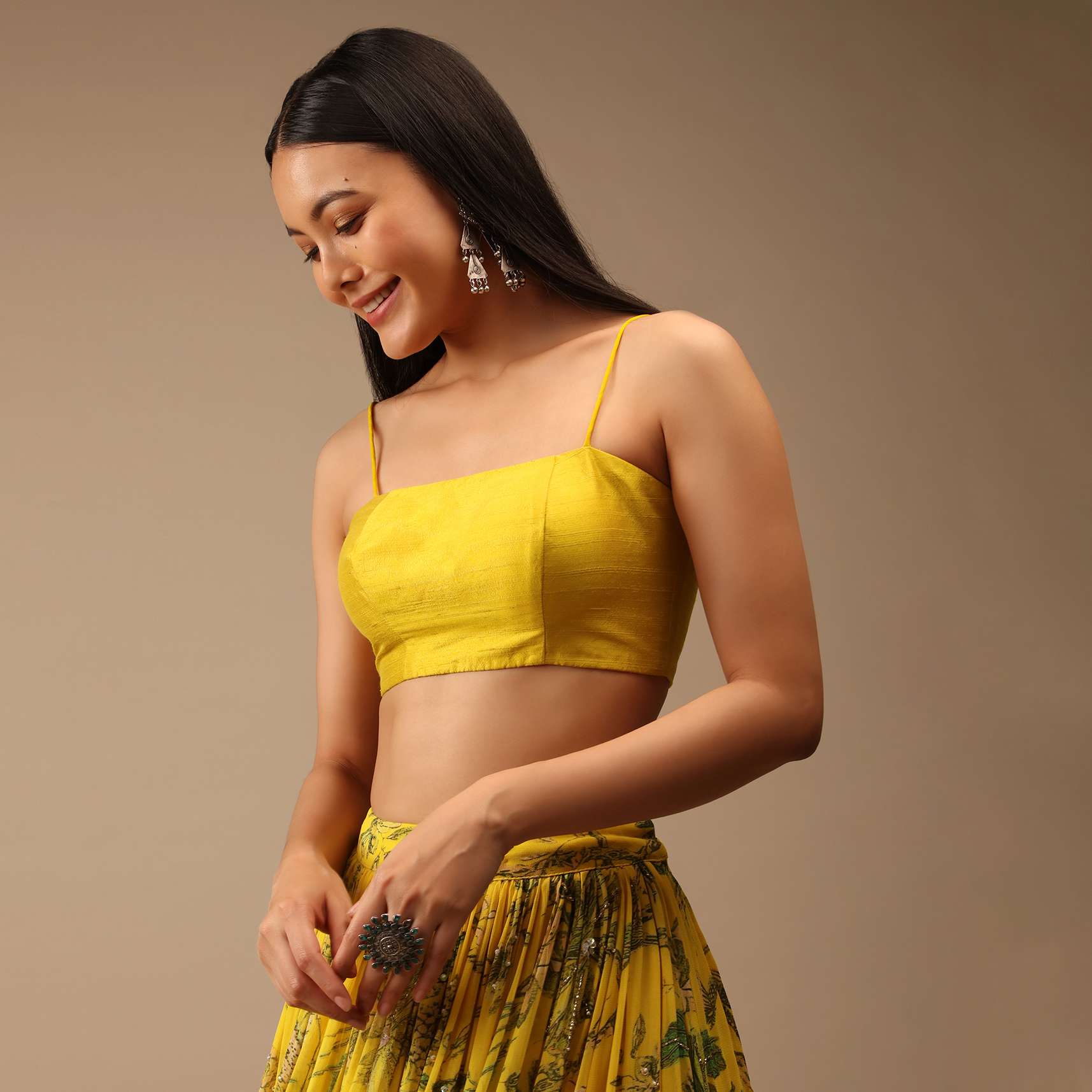 Dandelion Yellow Blouse In Raw Silk With Strap Sleeves And Straight Across Neckline - Image 2