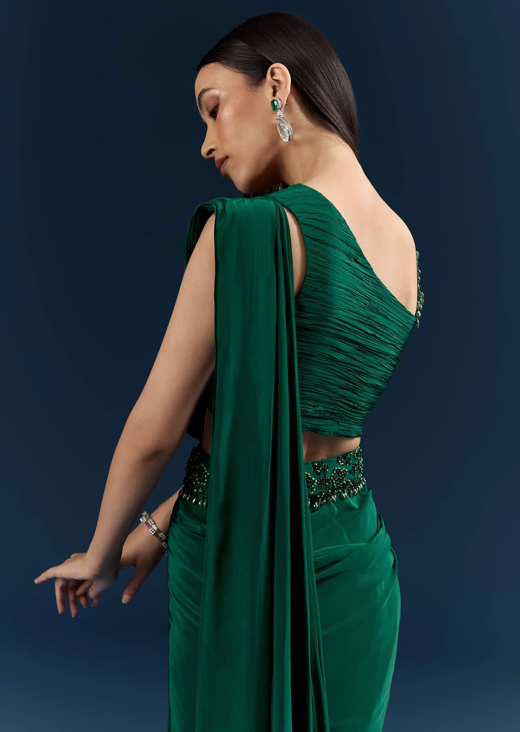 Dark Green Crepe Ready Pleated Saree With Heavy Embroidery - Image 5
