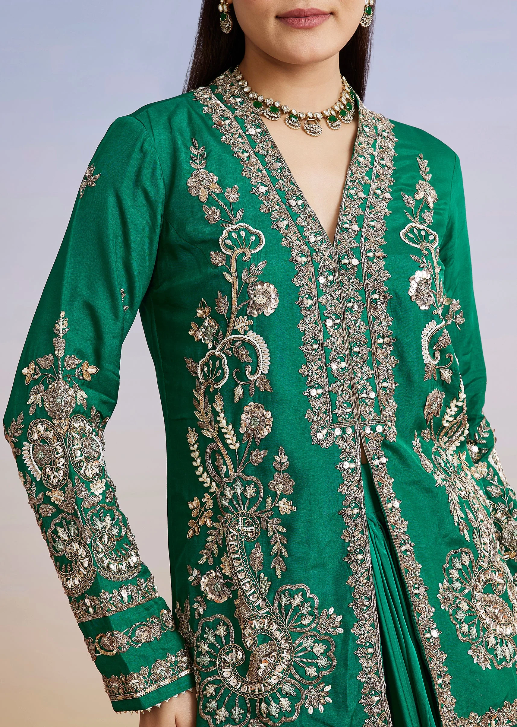 Dark Green Embroidered Silk Blend Crop Top Skirt Set - Image 2