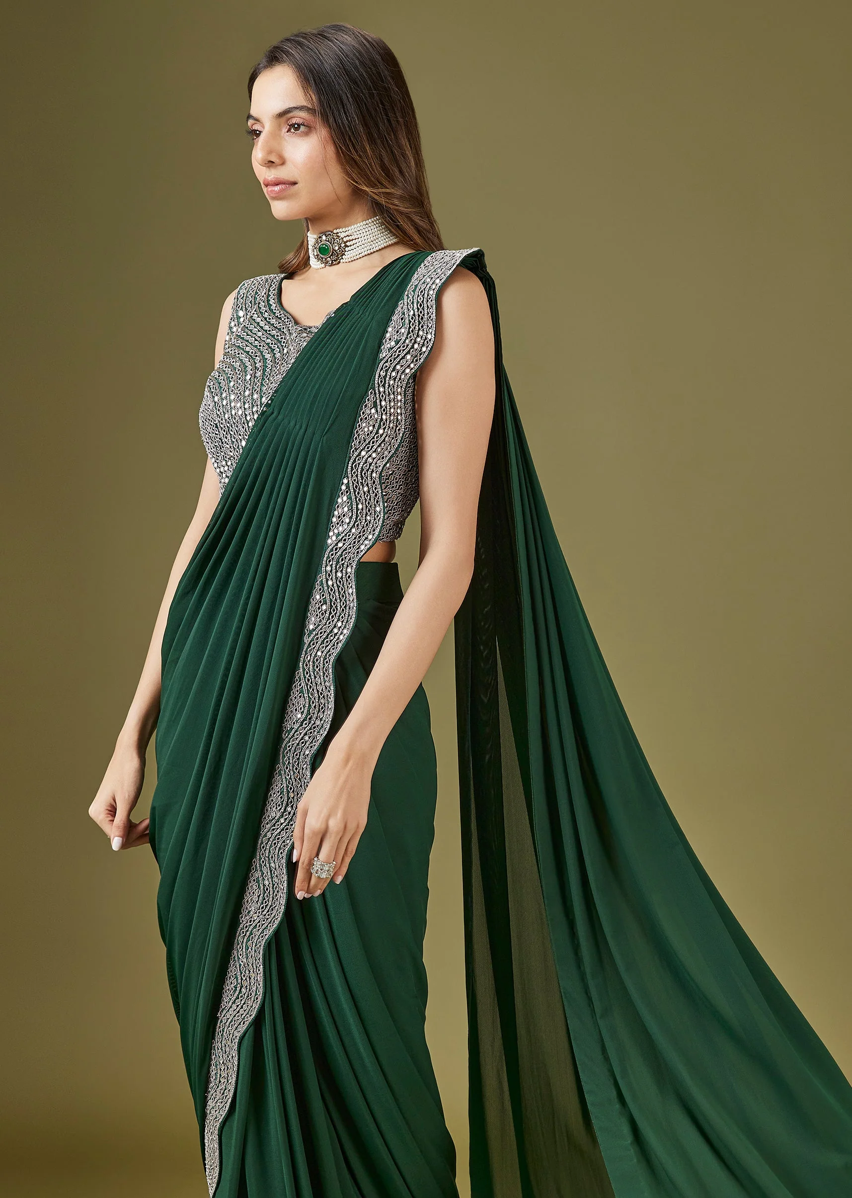 Dark Green Ready Pleated Saree With Mirror Embellished Blouse - Image 4