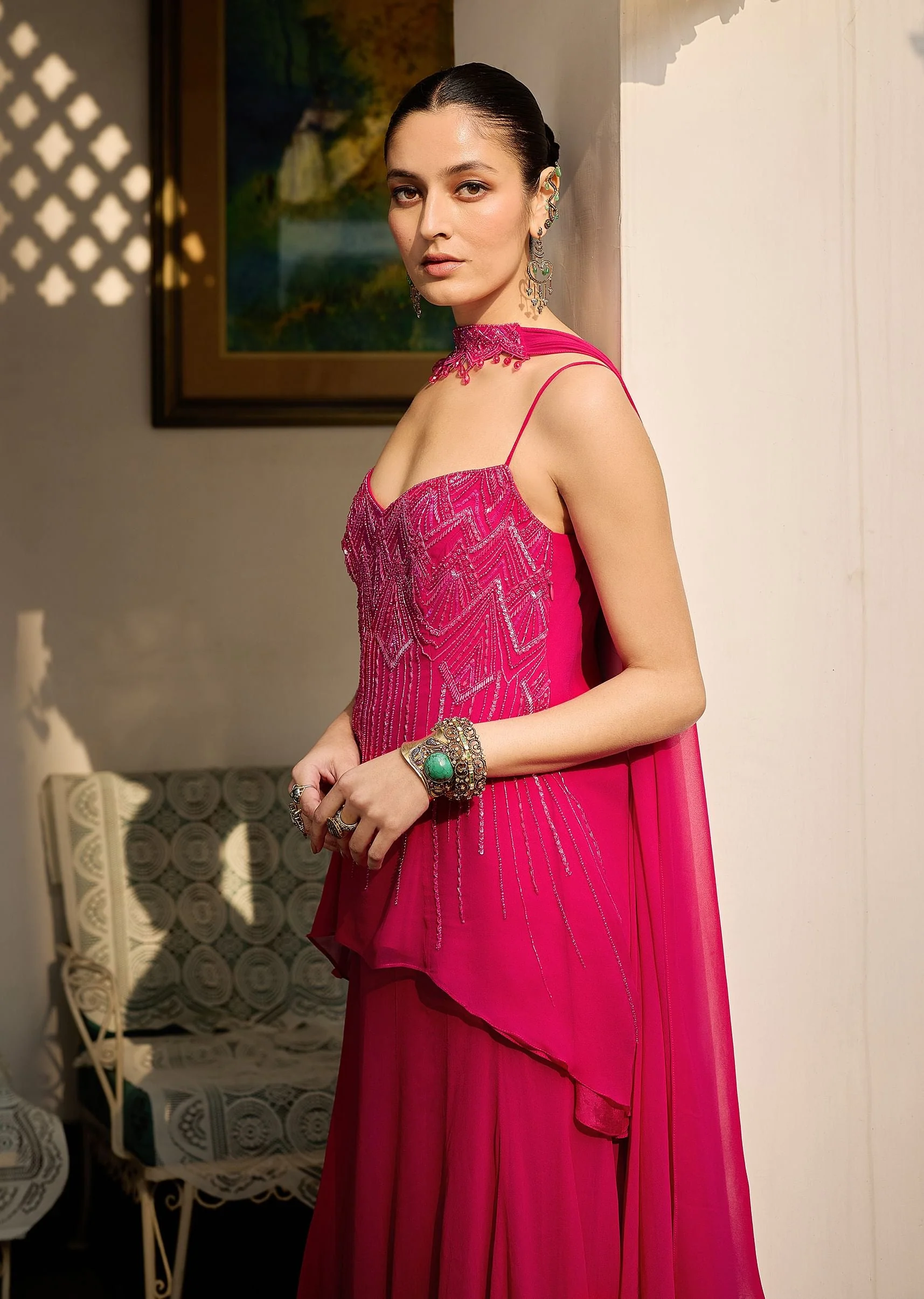 Dark Pink Georgette Sharara Set With Embroidered Kurta And Choker Dupatta - Image 4