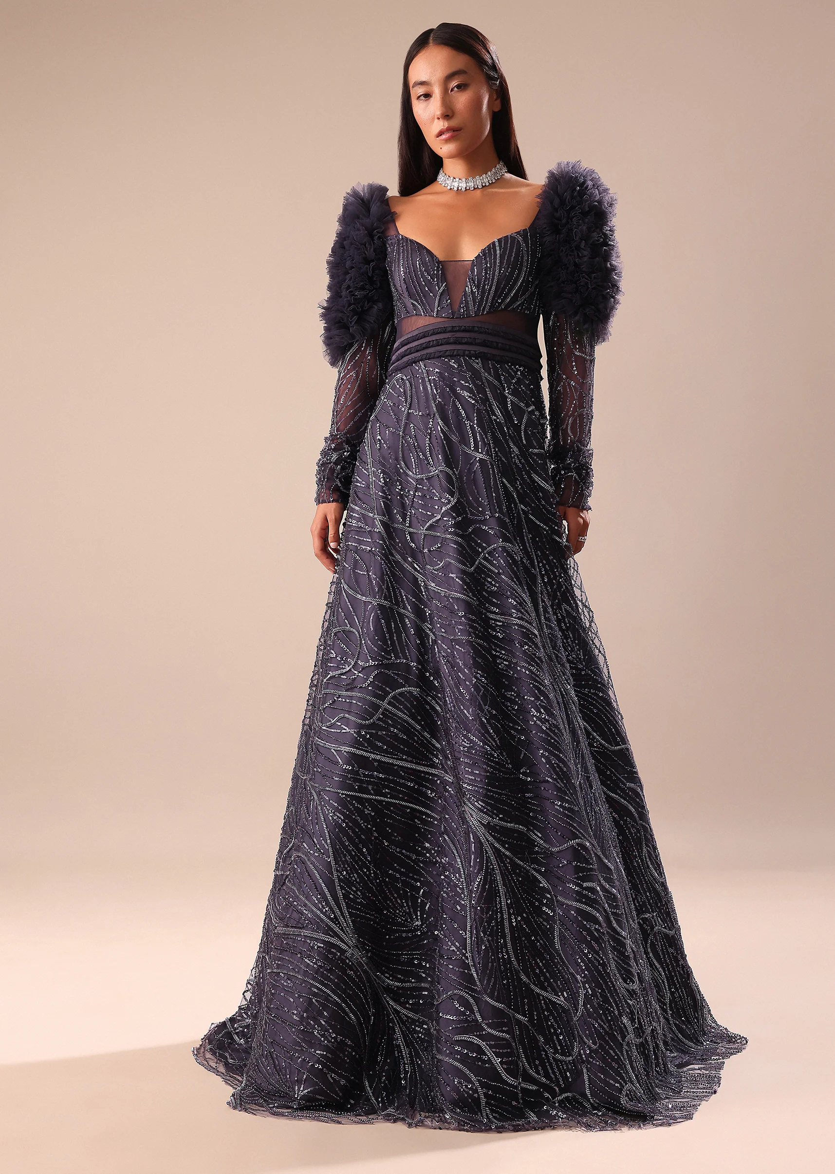 Dark Purple Fancy Embroidered Gown - Image 5